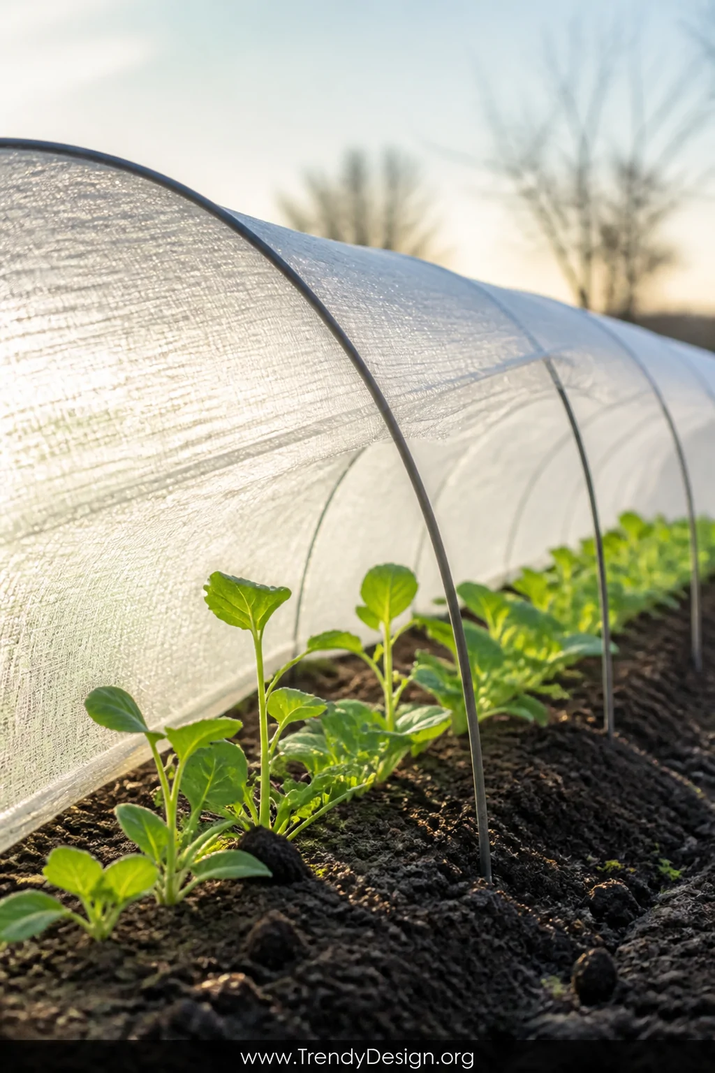 Close-up detail shot of a low tunnel row cover hoop house arching inches above rows of delicate green seedlings, lightweight 