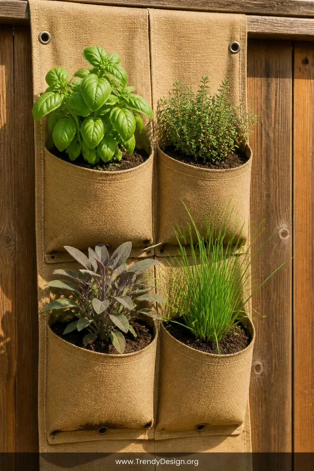 Closeup shot of a canvas fabric over-the-door shoe organizer in natural tan hung against a sun-bleached wooden balcony fence,
