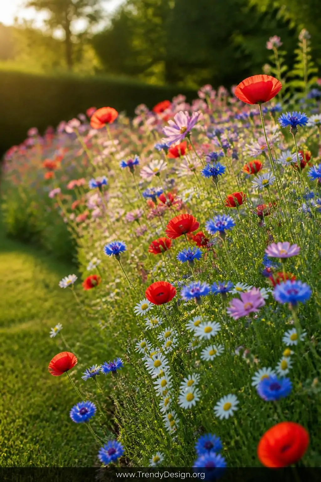 Wide shot of a sweeping wildflower meadow border along a garden's grassy edge, brilliant cornflower blue and scarlet poppy re