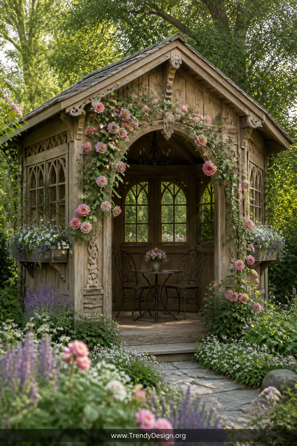 A medium photorealistic shot of a rustic garden gazebo tucked among lush cottage plantings, weathered knotty pine with decora