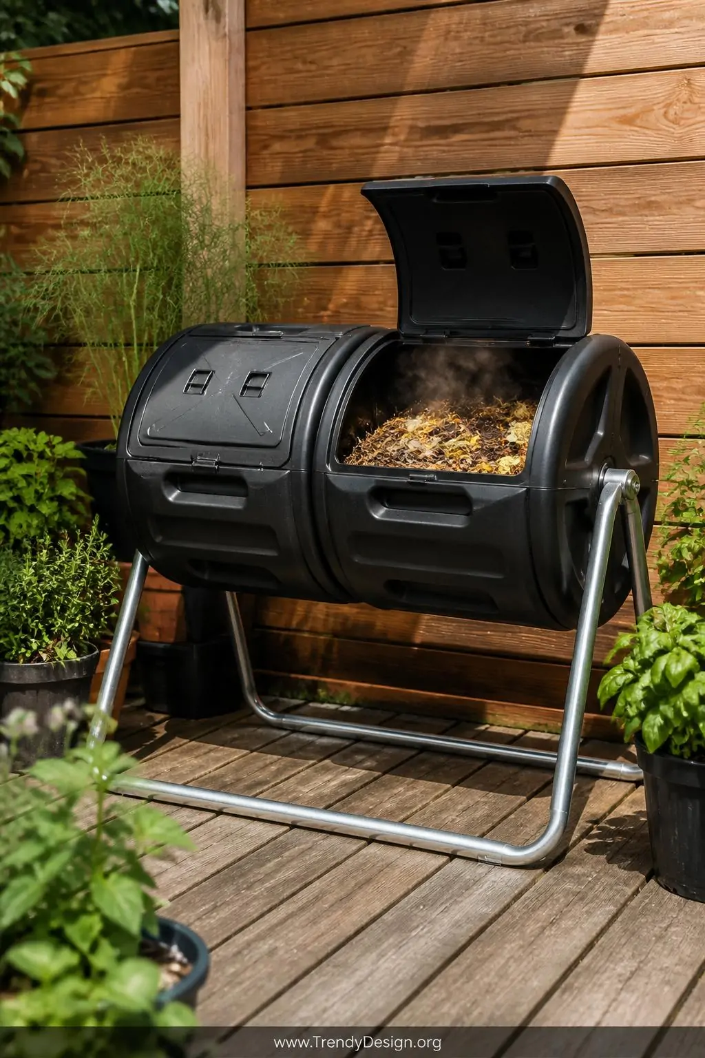 A sleek dual-chamber black plastic compost tumbler elevated on a galvanized steel frame stands on a weathered wooden deck aga