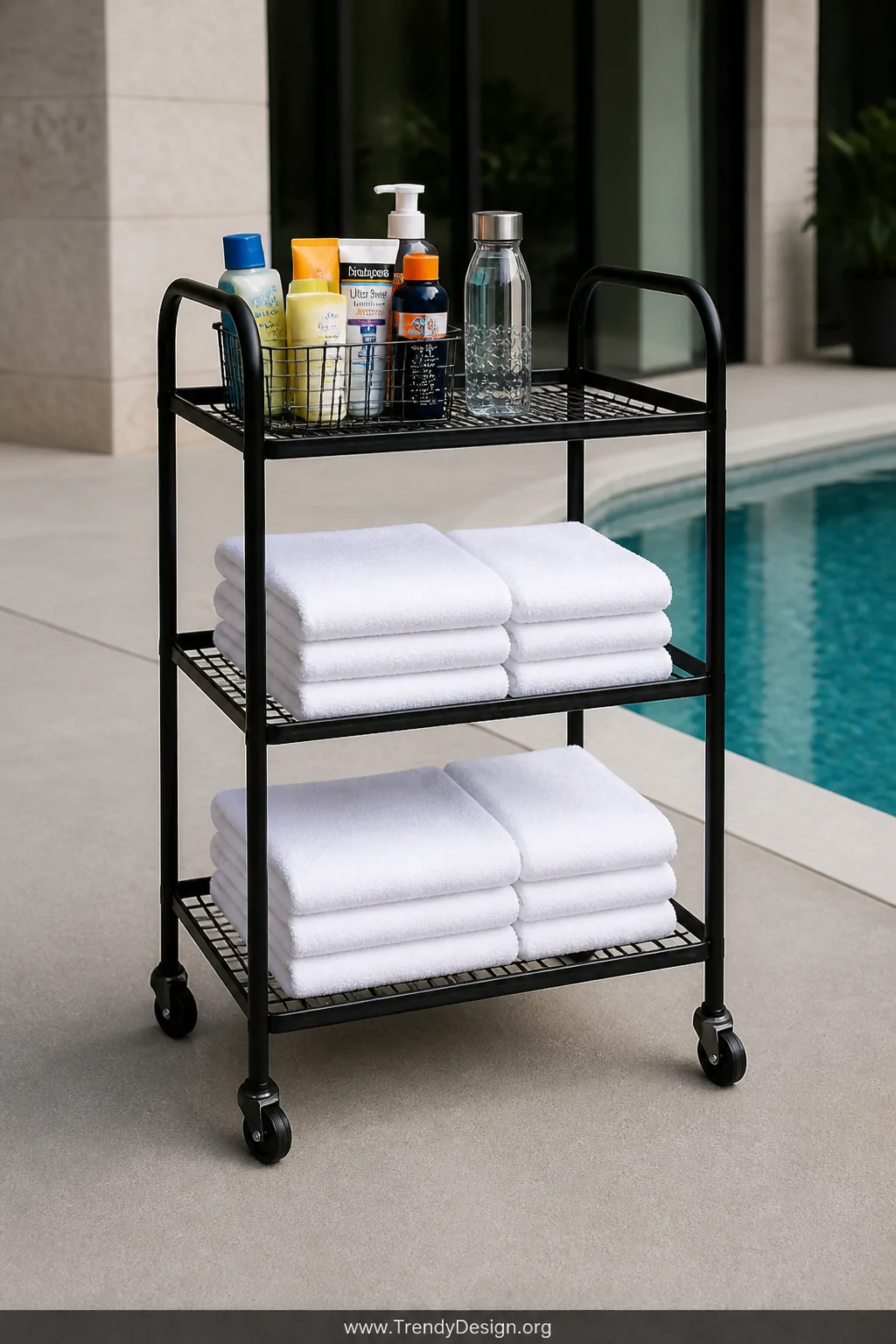 A medium shot of a rust-resistant matte black metal rolling cart with three open wire shelves positioned on a smooth concrete