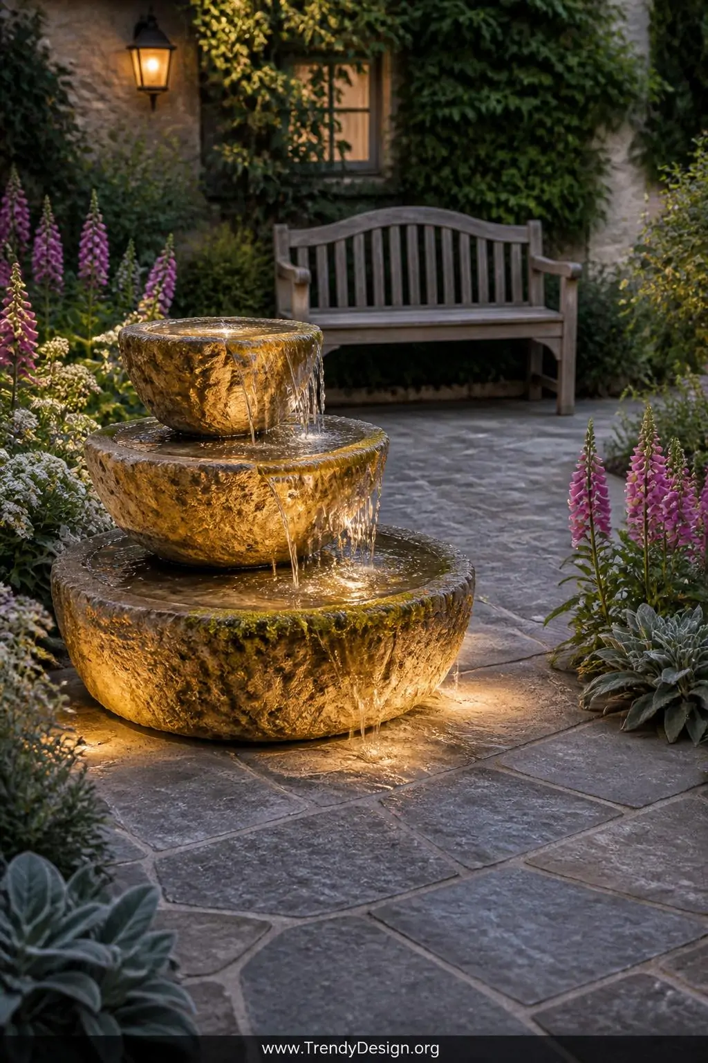 Medium wide-angle photorealistic photograph of a compact three-tiered stone fountain positioned on a level sandstone patio, e