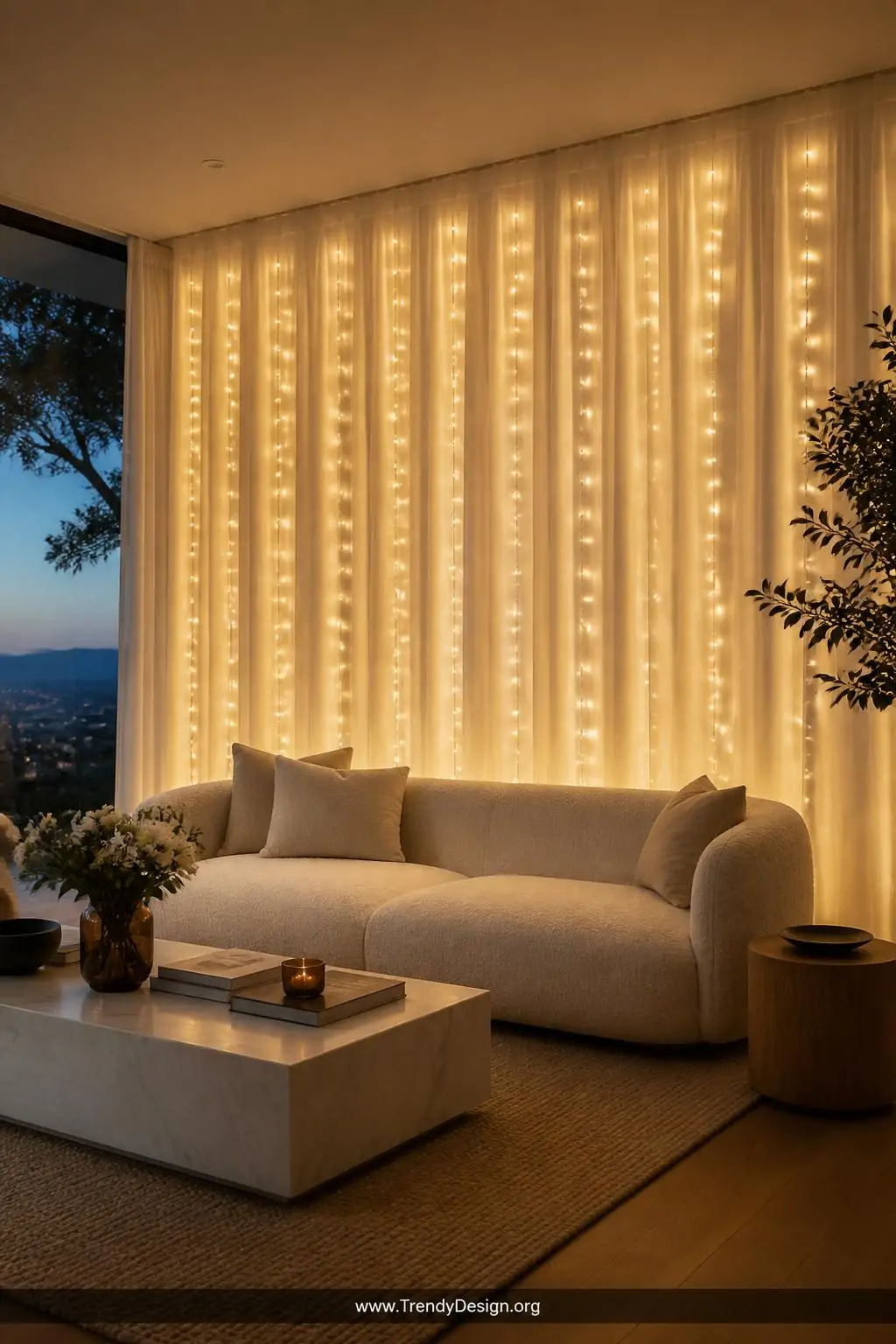Wide shot of a living room at dusk featuring floor-to-ceiling sheer white linen curtains with a vertical strand of warm fairy