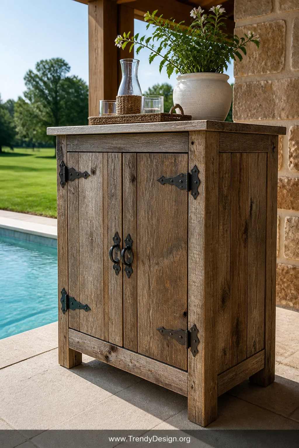 A photorealistic medium shot of a rustic farmhouse-style pallet wood cabinet beside a pool deck, showing beautifully weathere
