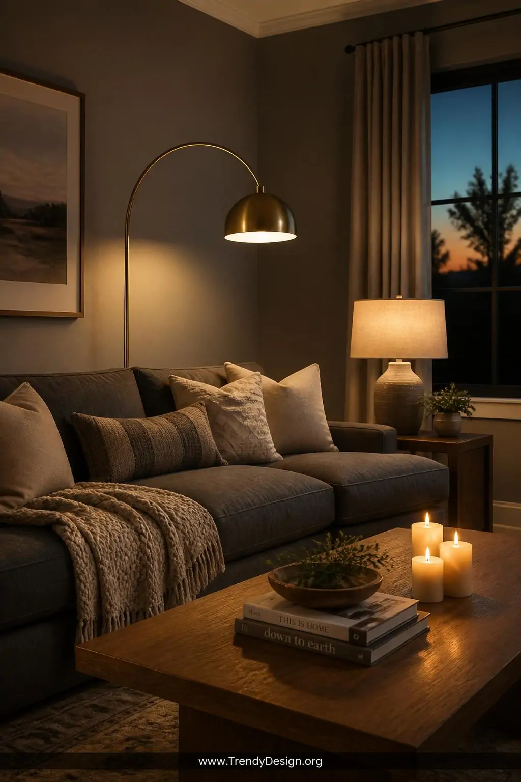 A medium-shot photorealistic interior at dusk showing a dark grey couch bathed in layered warm golden light from a tall brush