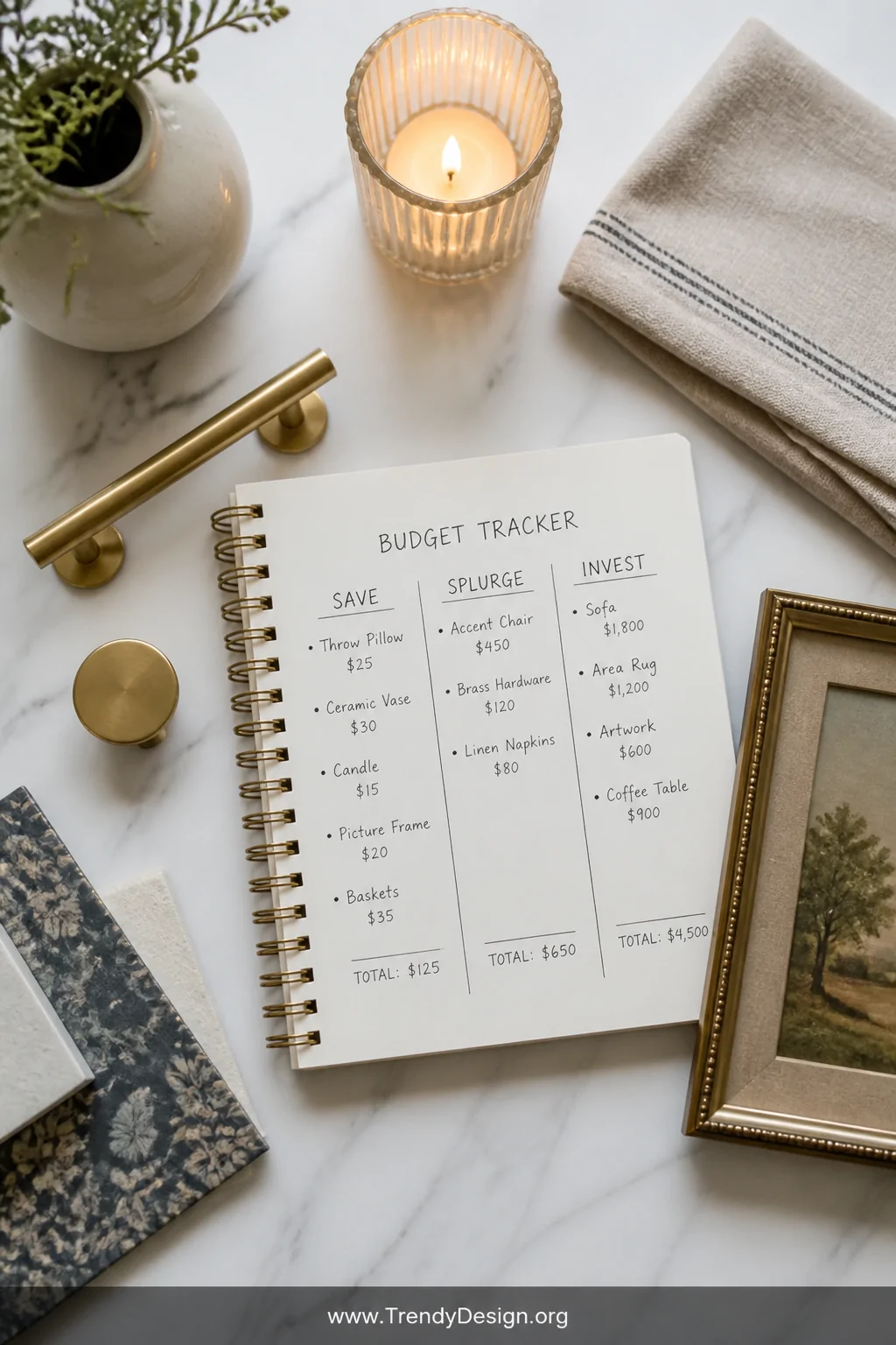 A clean flat-lay detail shot on a white marble surface showing a open spiral notebook with a three-column handwritten budget 