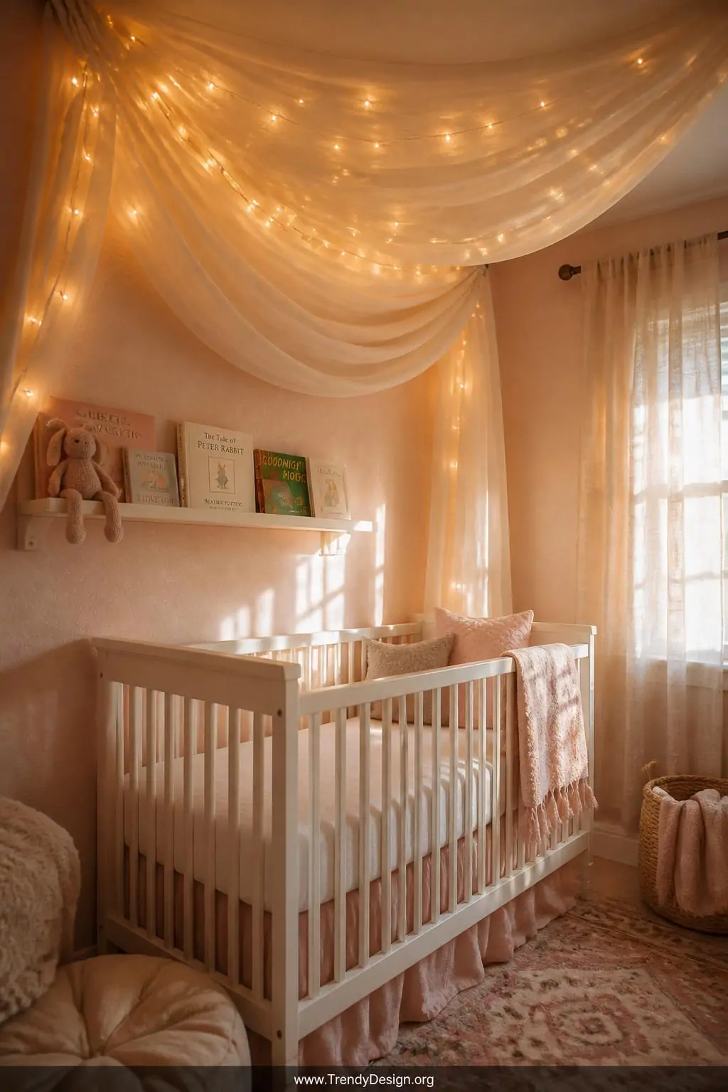 Medium photorealistic nursery shot of warm white LED fairy lights tucked behind a billowing sheer ivory canopy draped above a