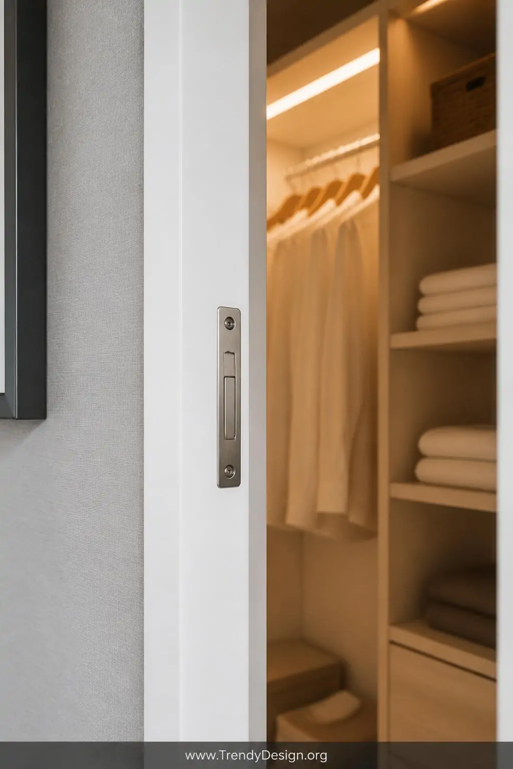 Closeup shot of a closet door frame revealing a slim brushed nickel door jamb switch mechanism mounted in the white painted w