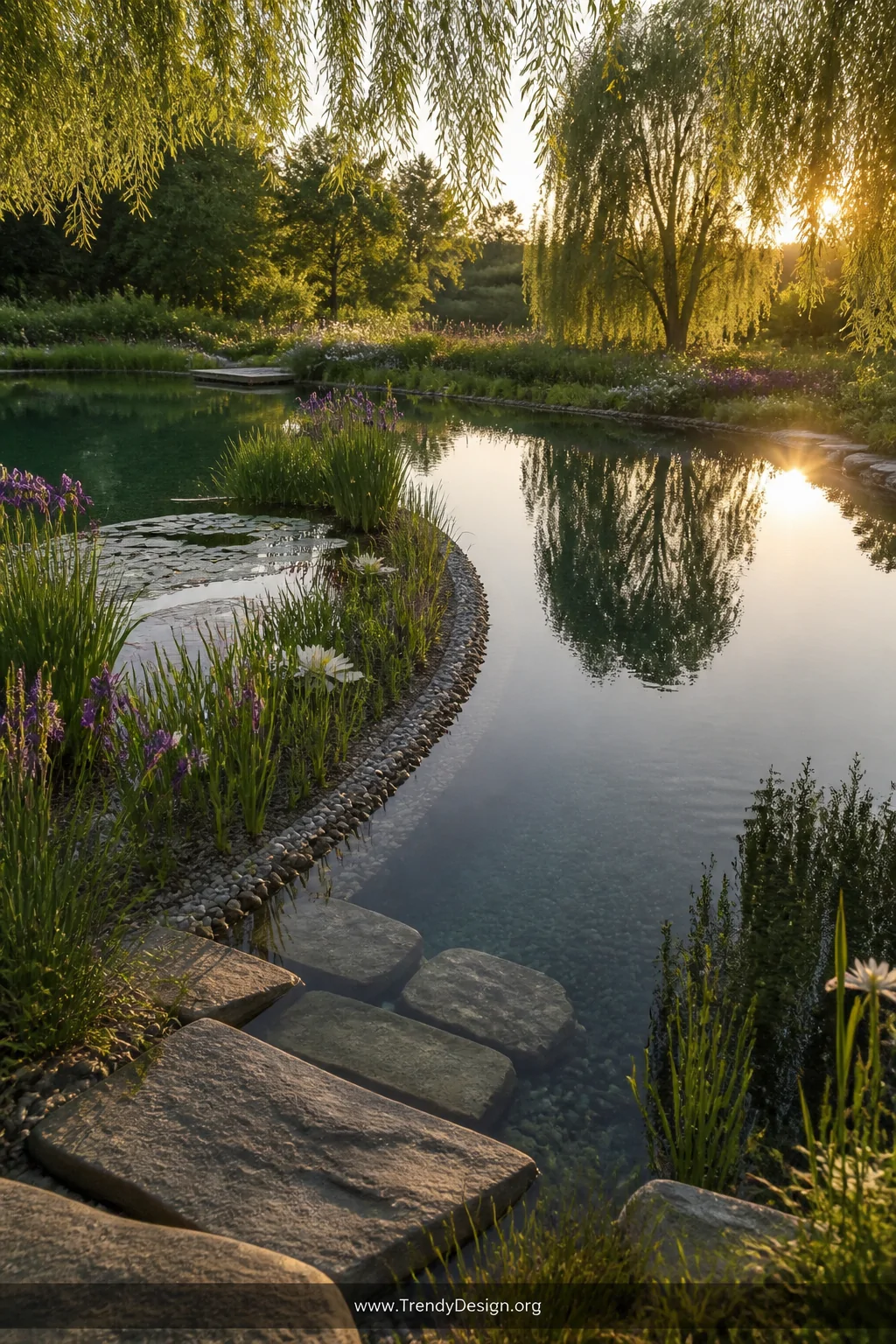 Wide shot of a lush natural swimming pond at golden hour, two connected organic-shaped zones separated by a gravel-edged plan