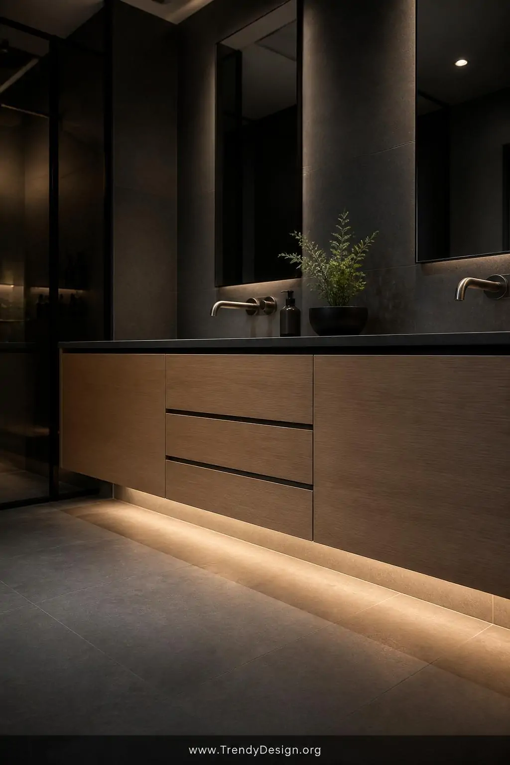Medium photorealistic shot of a sleek modern bathroom vanity appearing to levitate above a matte charcoal tile floor, soft co