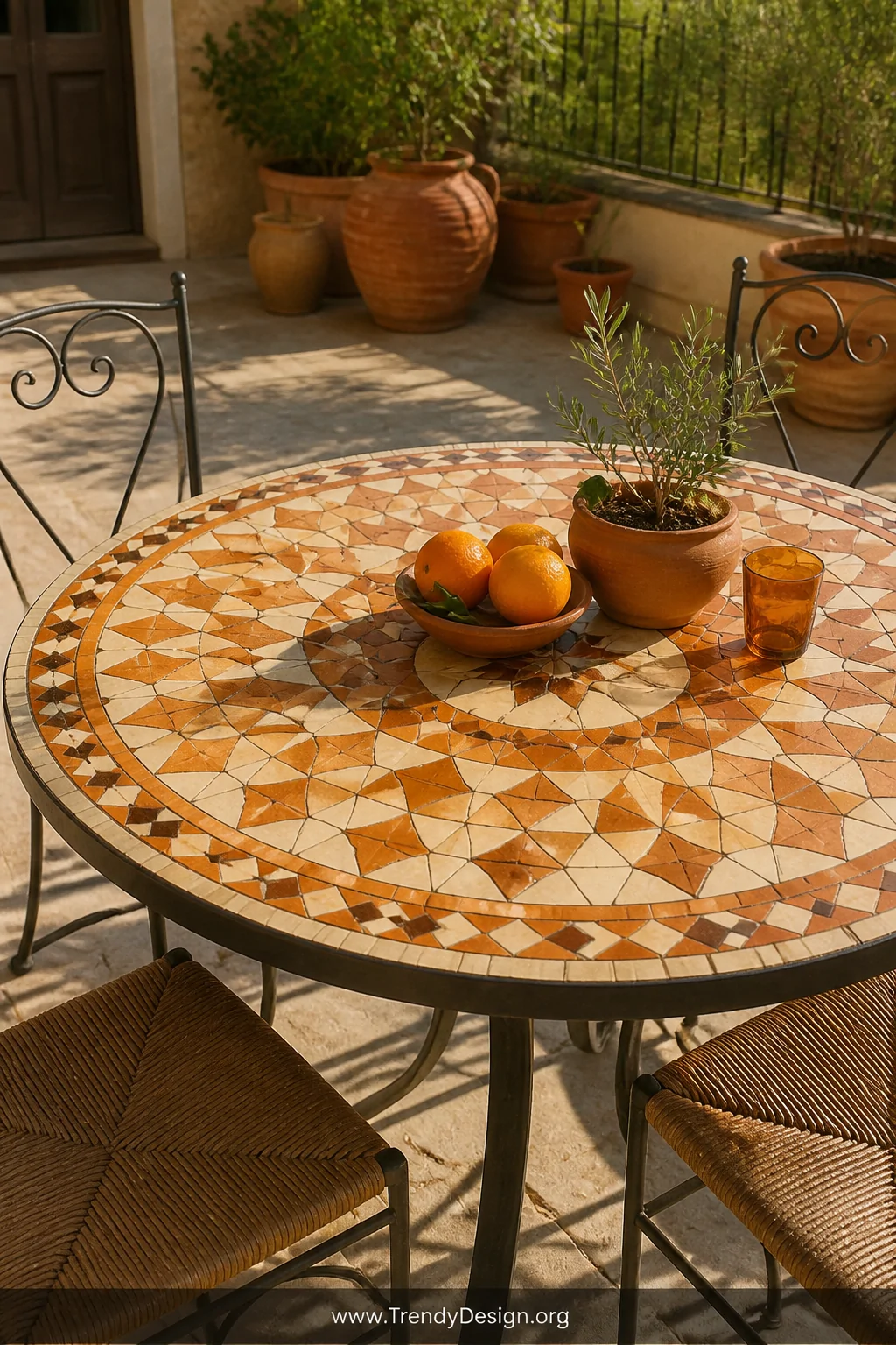 A medium shot of a round outdoor patio table transformed with a hand-laid geometric tile mosaic surface in warm terracotta, b