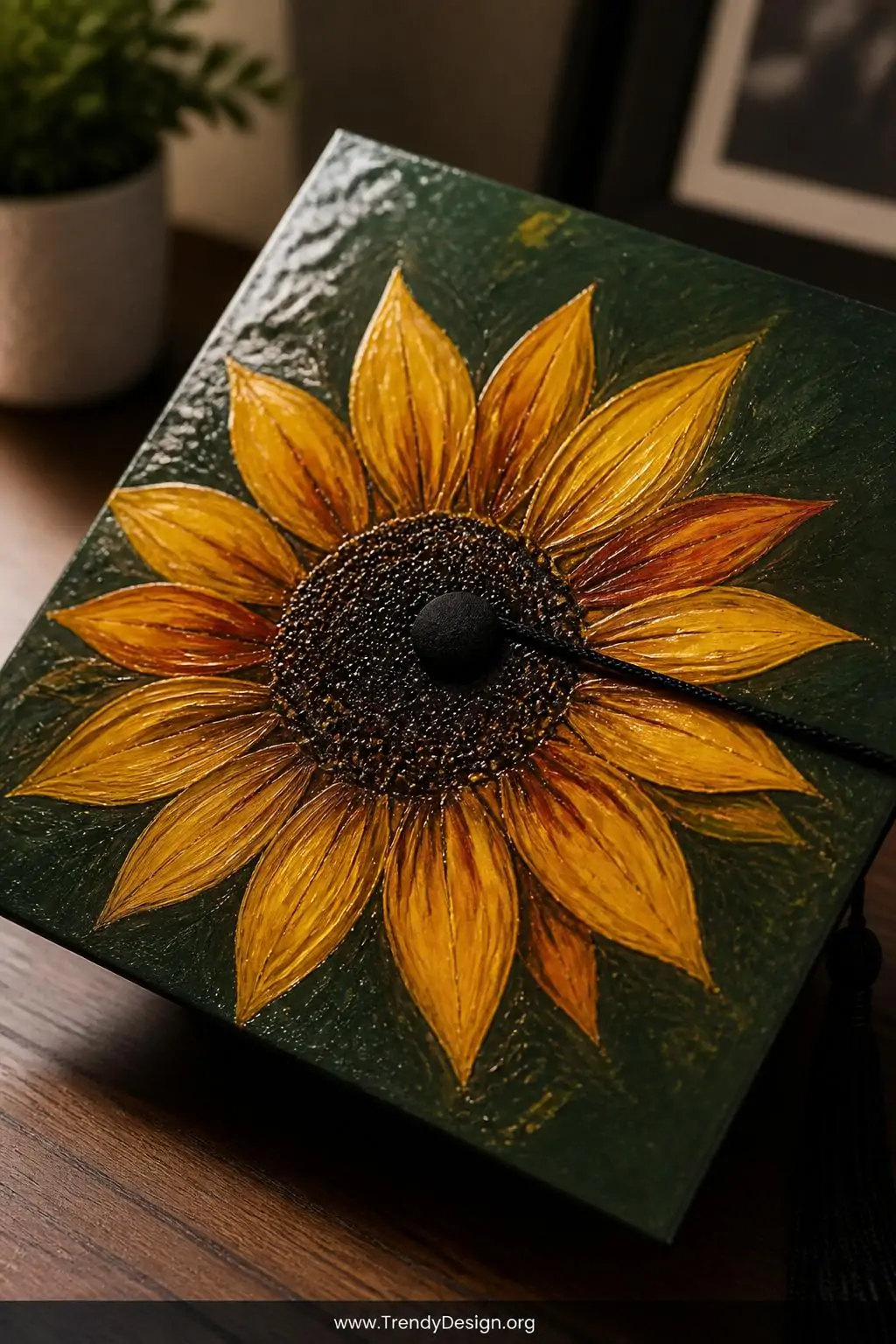 A close-up photorealistic shot of a hand-painted graduation cap surface showing richly layered acrylic sunflower petals in ca