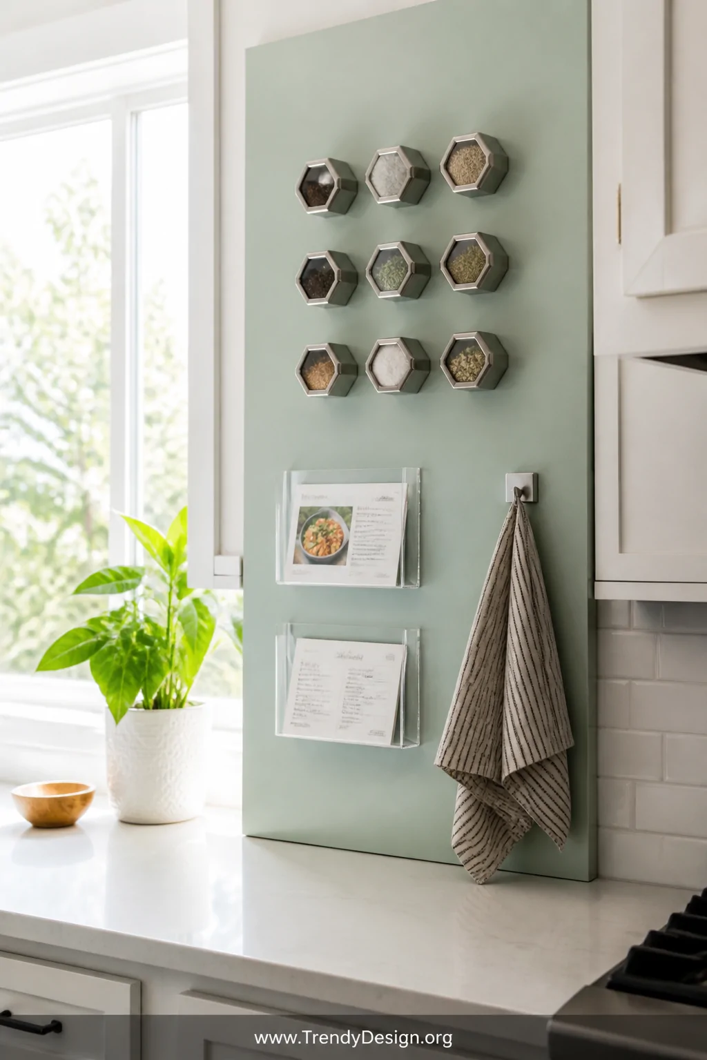 A medium kitchen shot of a large mint green magnetic apron board mounted between white cabinets, styled with geometric stainl
