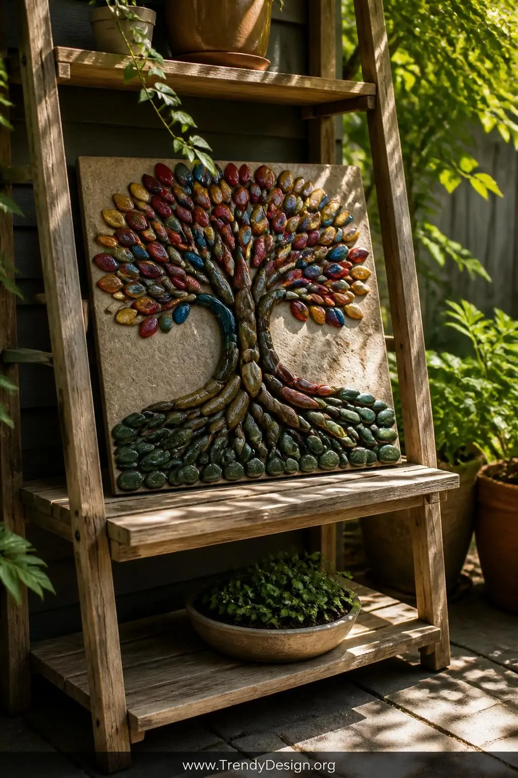 A medium outdoor shot of a weathered teak garden shelf on a slate patio displaying an arrangement of smooth painted river roc