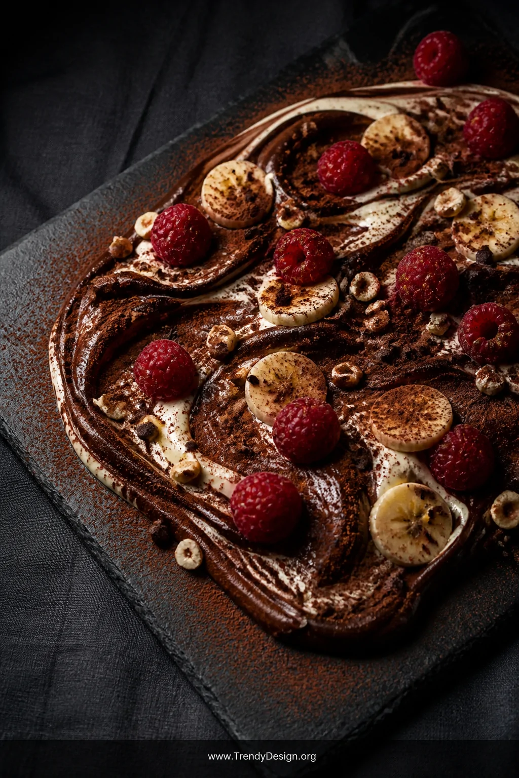 A dramatic closeup detail shot of a dark slate serving board on a moody charcoal linen tablecloth, swirled with rich mahogany
