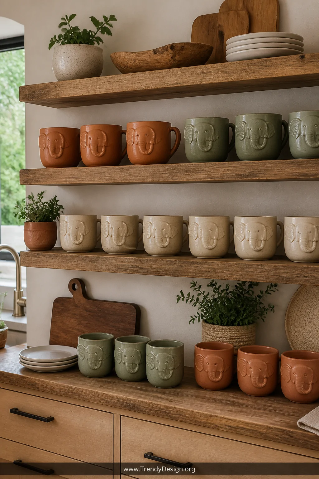 A wide shot of open wooden kitchen shelves displaying a grouped collection of earthy ceramic elephant tumblers in terracotta,
