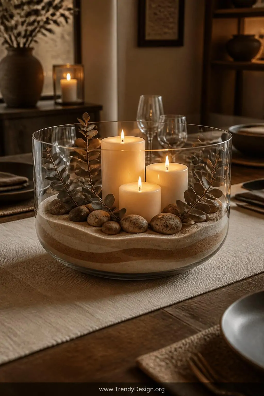 A warm wide shot of a rustic dining table centerpiece featuring a wide low hurricane glass bowl layered with cream and copper