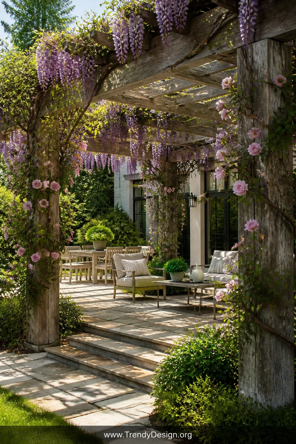 Wide photorealistic exterior shot of a lush backyard pergola with thick weathered telephone pole sections as structural posts