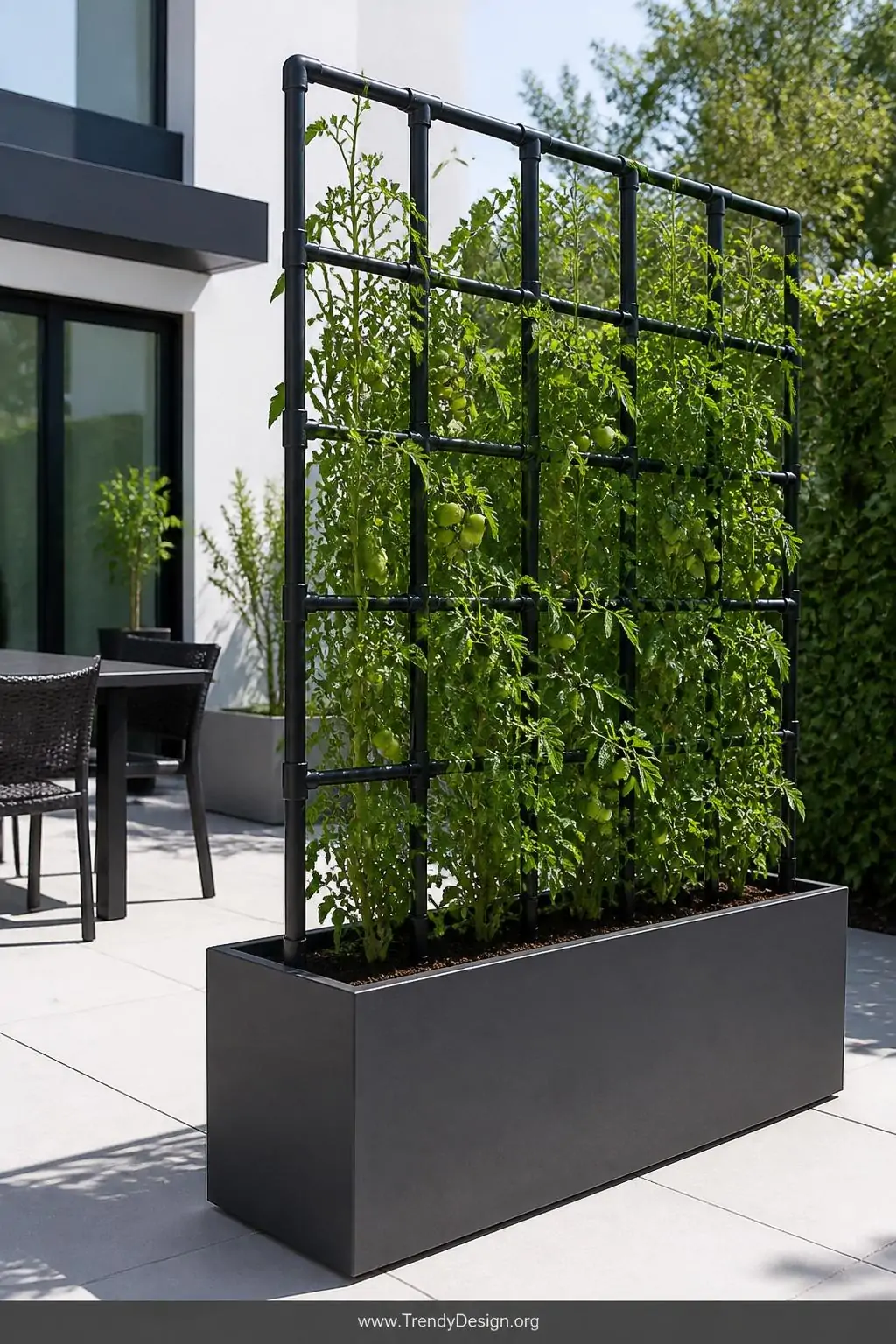 A medium wide shot of a sleek modern patio container garden featuring a matte black PVC pipe rectangular grid trellis planted