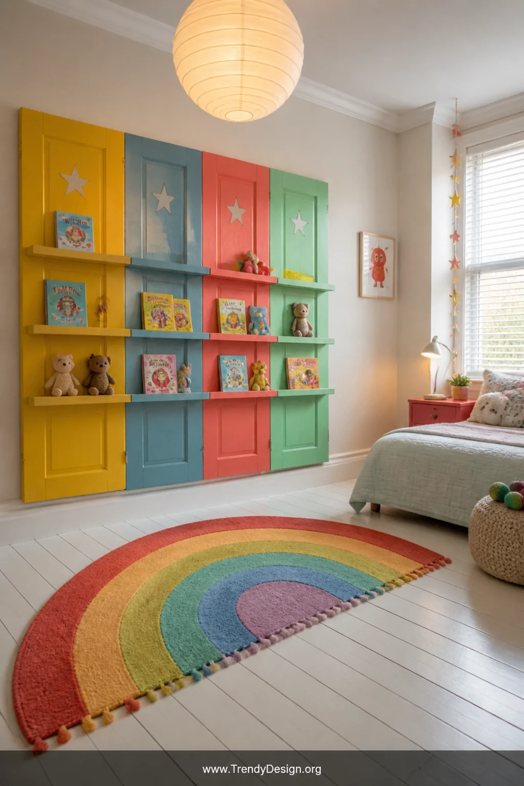 A wide shot of a bright children's bedroom featuring a low-mounted old door bookshelf painted in bold panels of sunshine yell