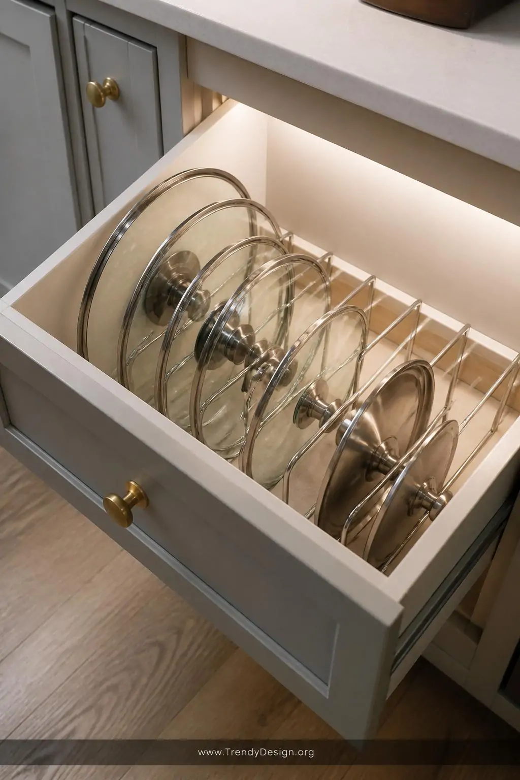 Medium shot looking down into an open lower cabinet drawer revealing a cream-colored vertical lid organizer with adjustable c