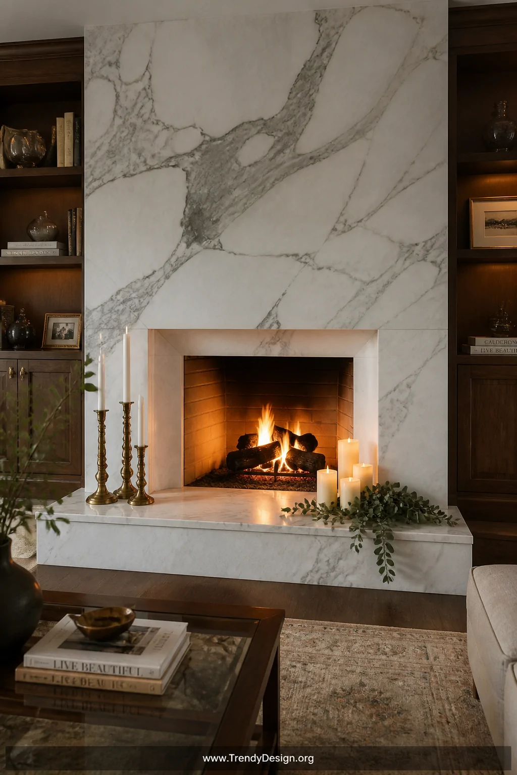 Wide living room shot of a grand white marble fireplace surround with bold sweeping grey veining, a thick marble hearth ledge