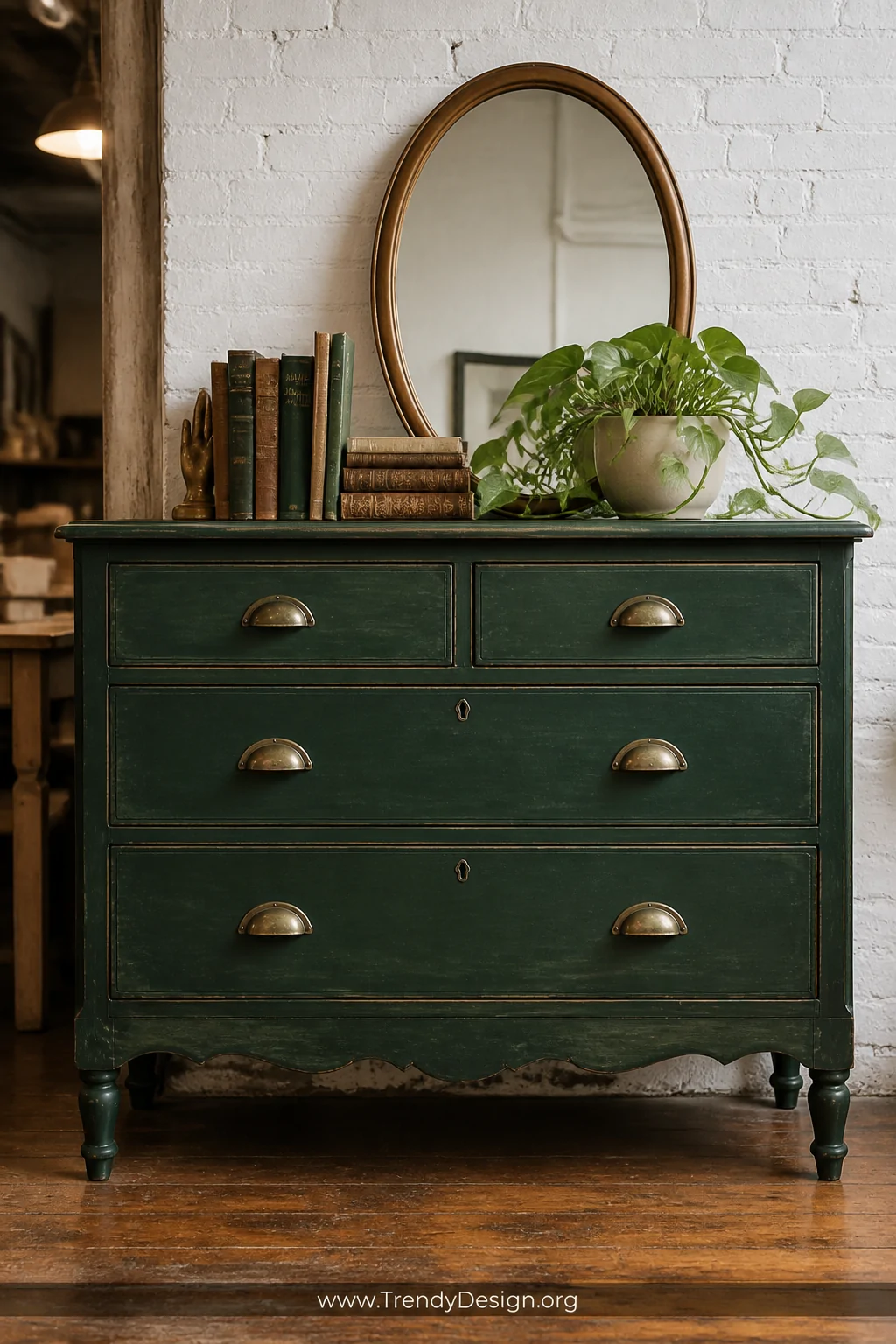 Medium shot of a rustic chalk-painted vintage wooden dresser freshly upcycled in a deep forest green finish with brushed bras