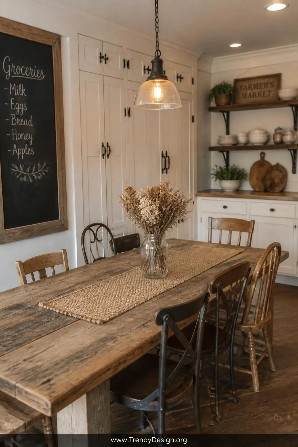 Wide shot of a rustic farmhouse kitchen nook anchored by a long reclaimed wood plank dining table with visible knots and vari