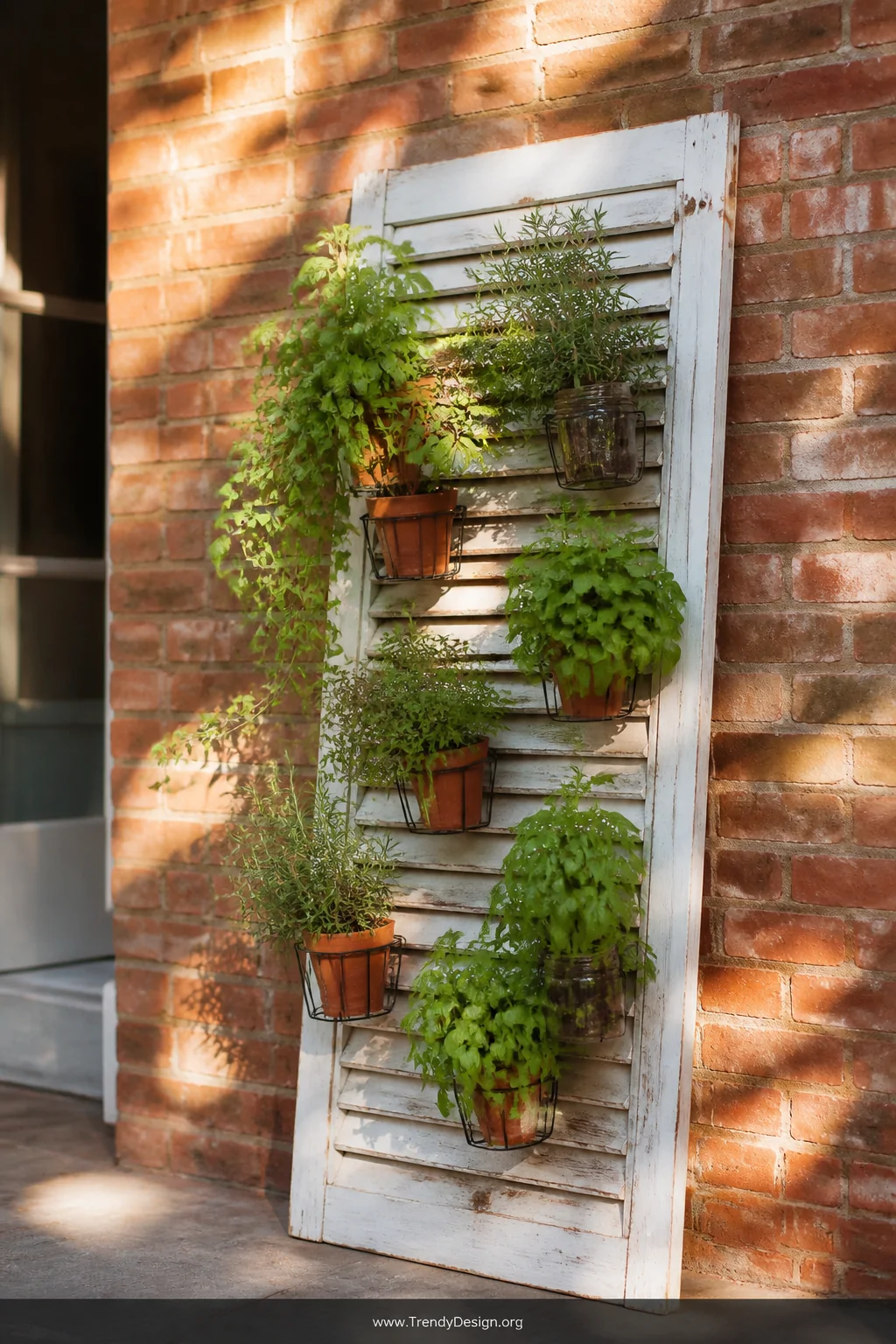 Medium outdoor shot of a weathered louvered door sealed in white exterior paint propped against a sun-warmed terracotta brick