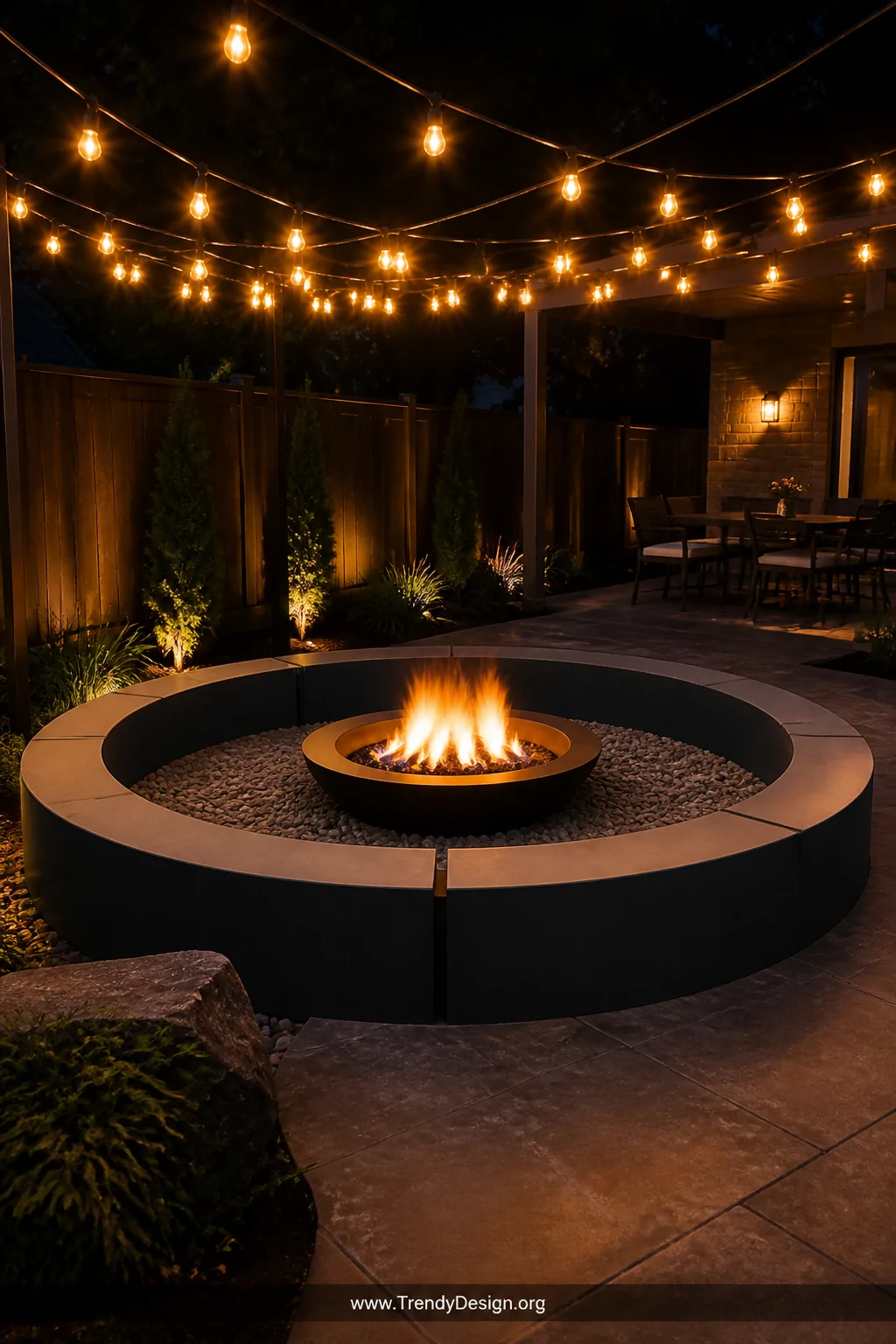 A wide backyard evening shot featuring a perfectly circular concrete fire pit surround molded from a 55-gallon drum, painted 