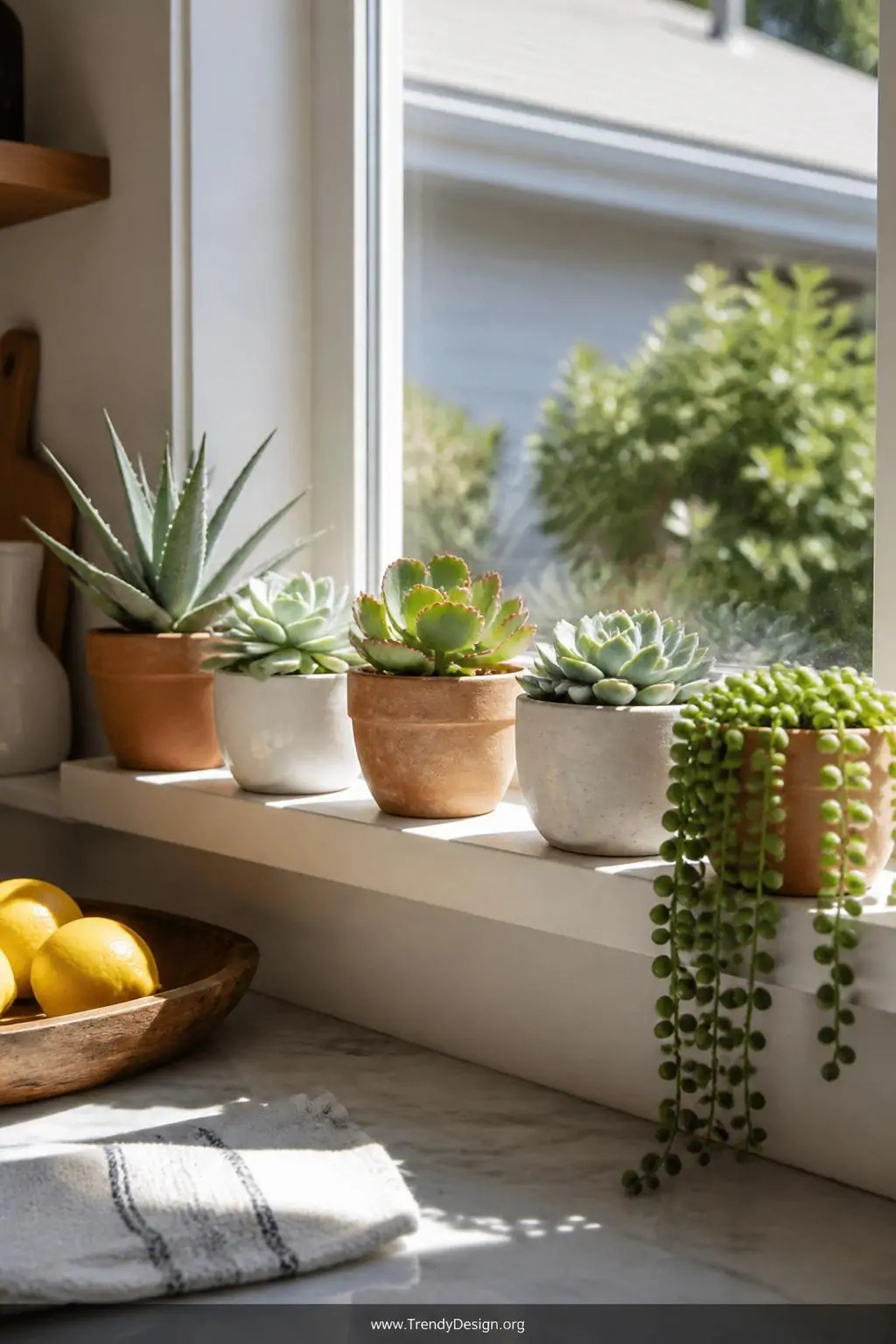 Medium shot of a kitchen windowsill displaying a curated row of small succulent pots in aged terracotta and matte white ceram