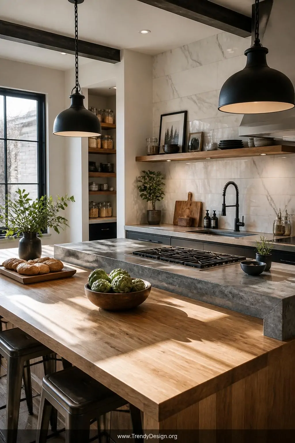 Wide-angle photorealistic interior design image of a sophisticated open-plan kitchen showcasing a striking combination of war