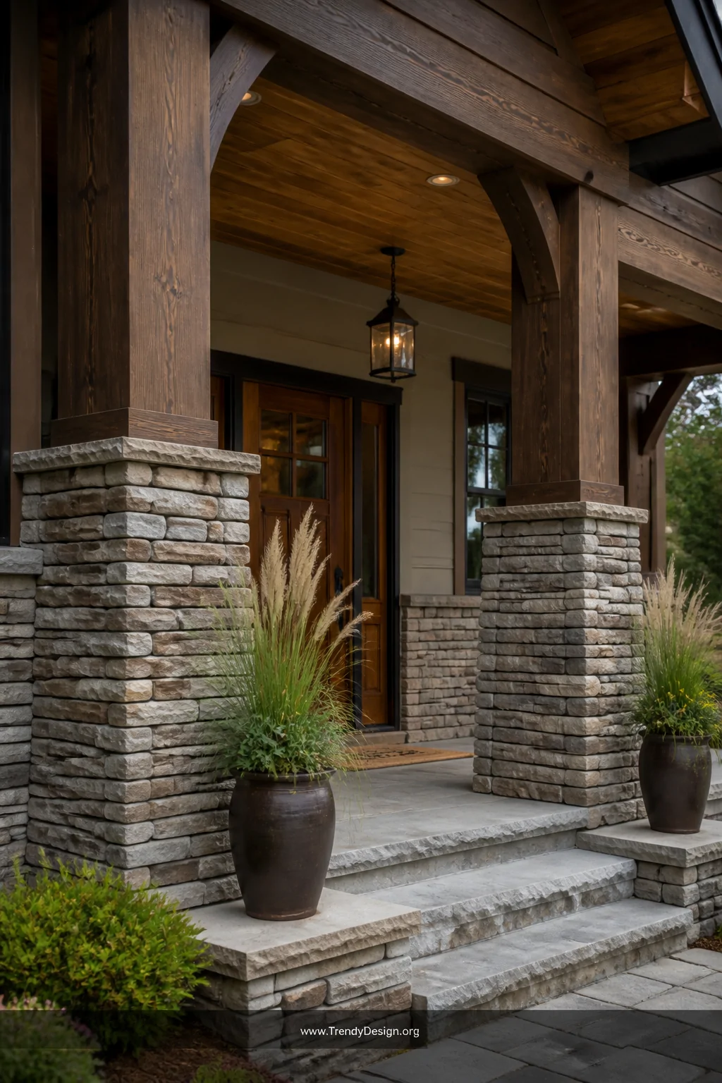 Wide shot of a front porch entry with structural columns and lower beam sections wrapped in realistic stacked ledger stone fa