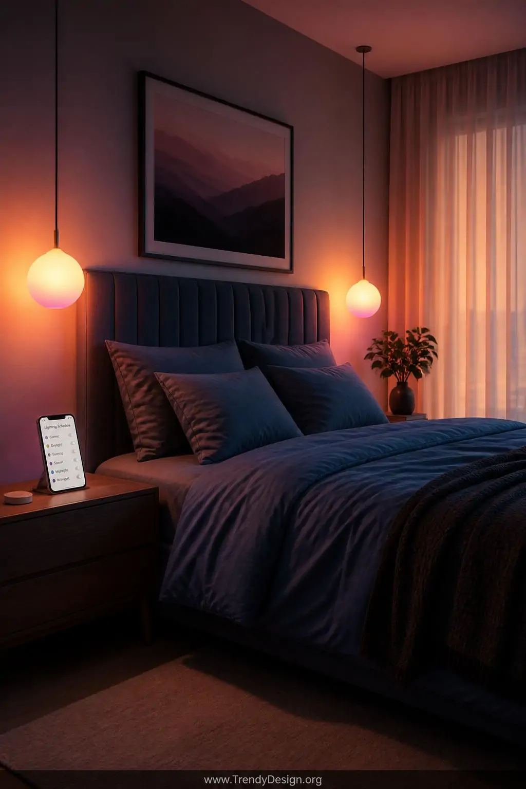 Wide shot of a modern bedroom at night where smart LED bulbs emit a soft warm sunrise gradient through two bedside pendant la