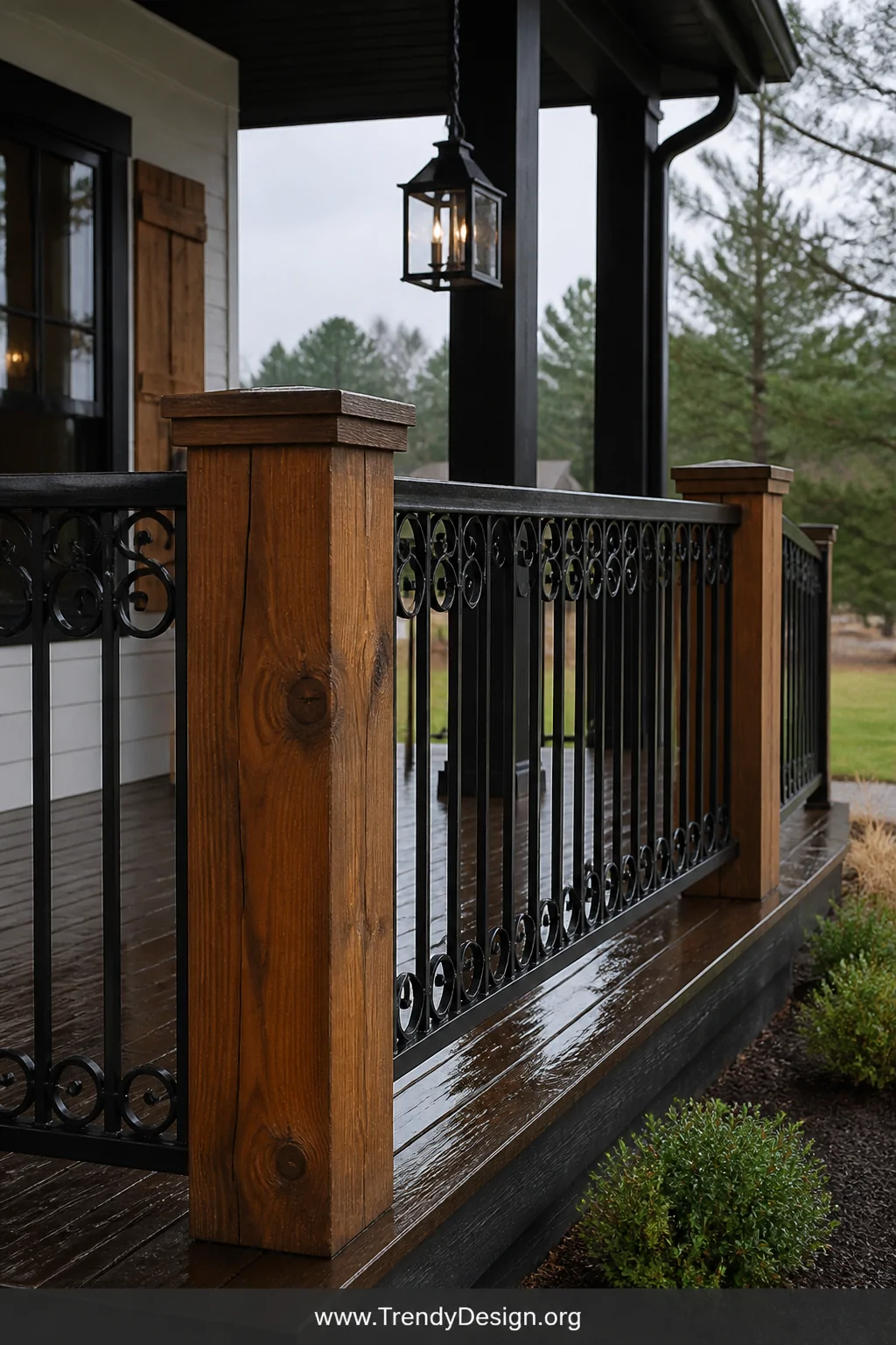 Medium shot of a farmhouse porch railing combining matte black powder-coated wrought iron panels set between substantial 6x6 