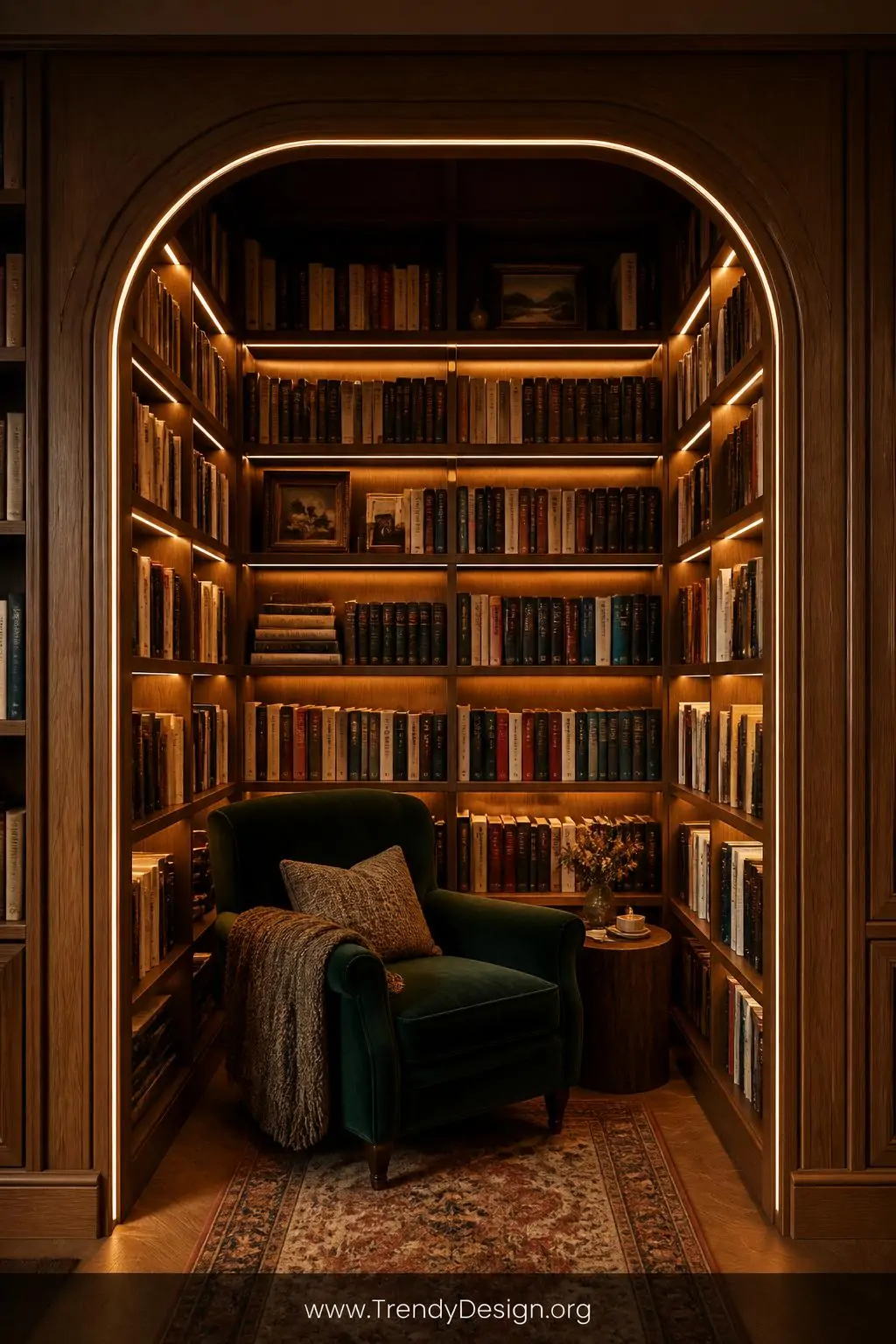 Medium shot of a built-in reading alcove lined with floor-to-ceiling oak bookshelves packed with colorful spines, warm amber 