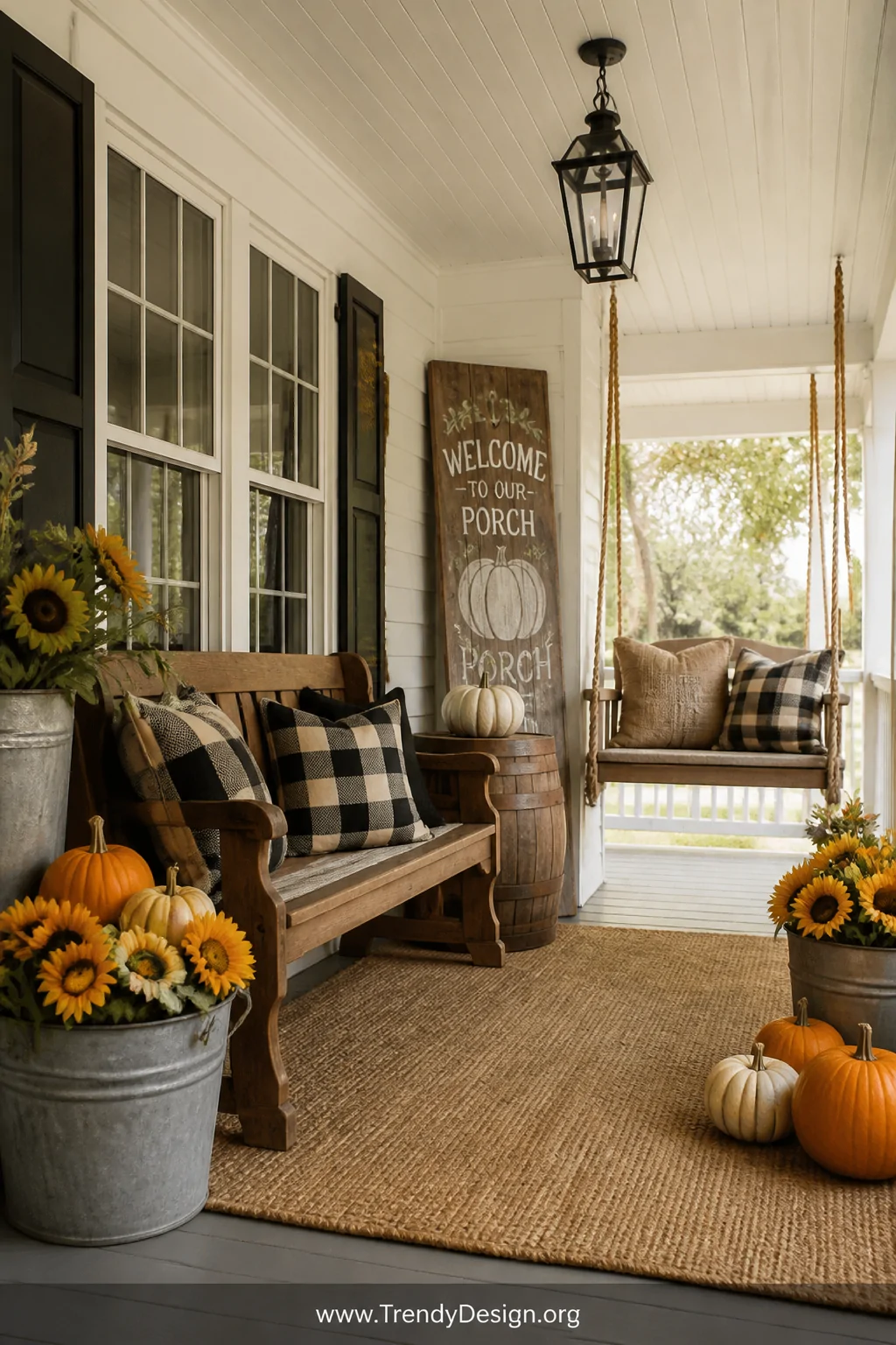 Medium shot of a cozy farmhouse front porch with a shiplap painted white ceiling, a large natural jute area rug anchoring a v