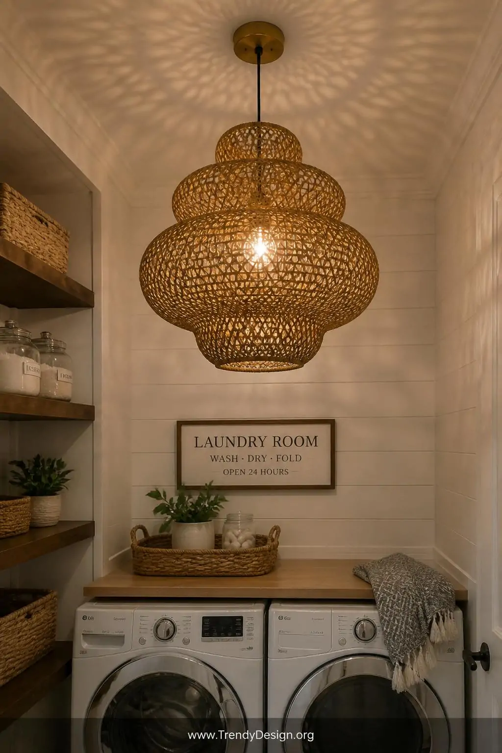 Medium photorealistic interior shot looking up slightly at a sculptural rattan pendant light hanging centered above a compact