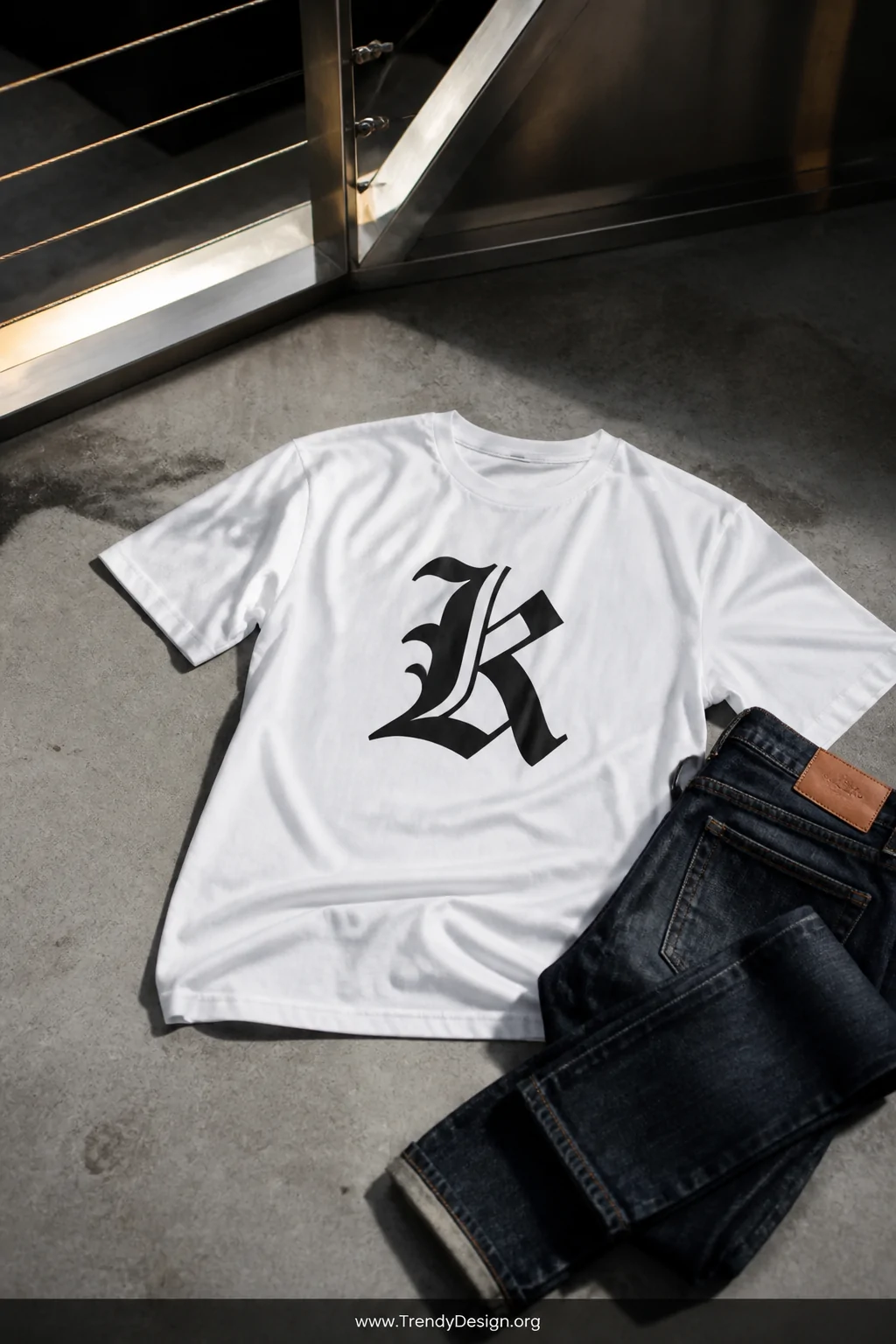 A medium shot of a premium white graphic tee laid flat on a concrete surface, a large bold old English style initial printed 