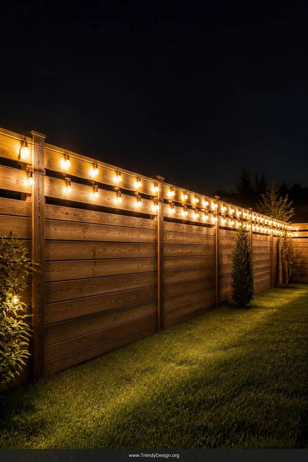 Wide photorealistic shot of a long horizontal cedar privacy fence at night lined along the top rail with double-stranded glob