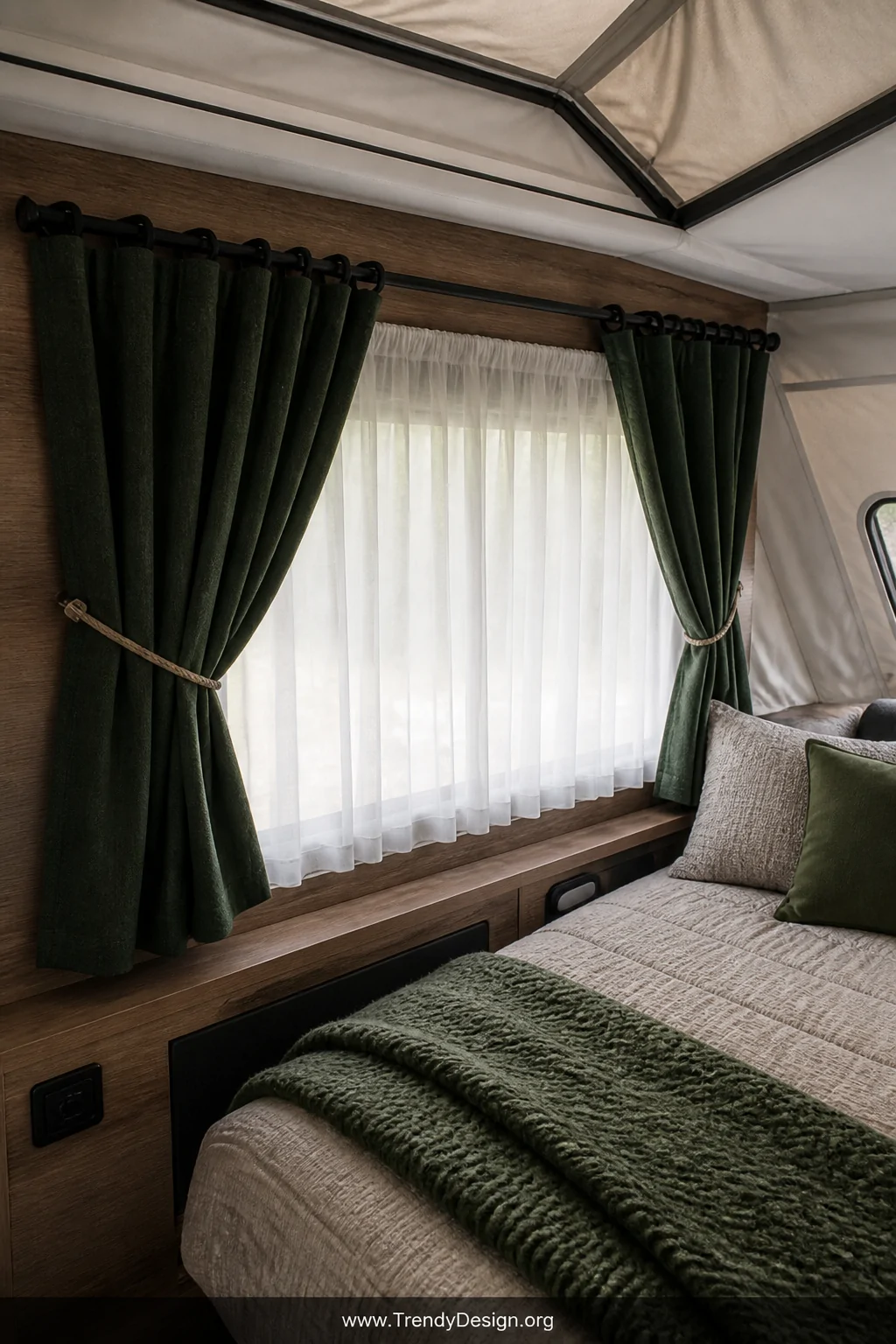 Medium interior shot of a pop-up camper sleeping area with double-layered curtains in crisp white sheer inner panels beneath 
