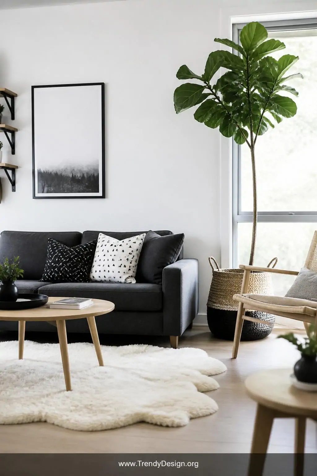 A wide-shot photorealistic interior of a bright airy Scandinavian living room with crisp white walls, a dark grey couch softe