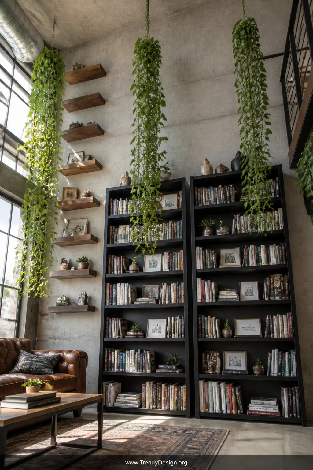 Wide photorealistic shot looking up toward soaring loft ceilings with two tall IKEA BILLY bookcases stacked with books and ob