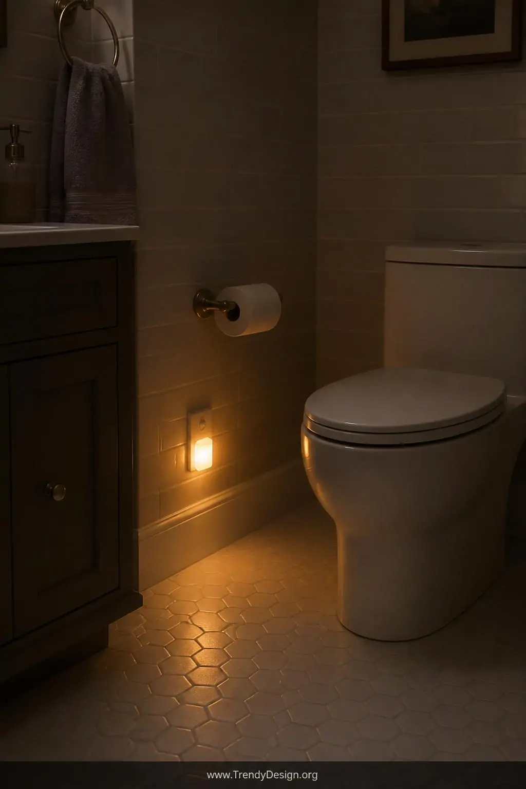 Medium-shot photorealistic bathroom interior at 2 a.m., a single warm amber plug-in motion sensor night light glowing softly 