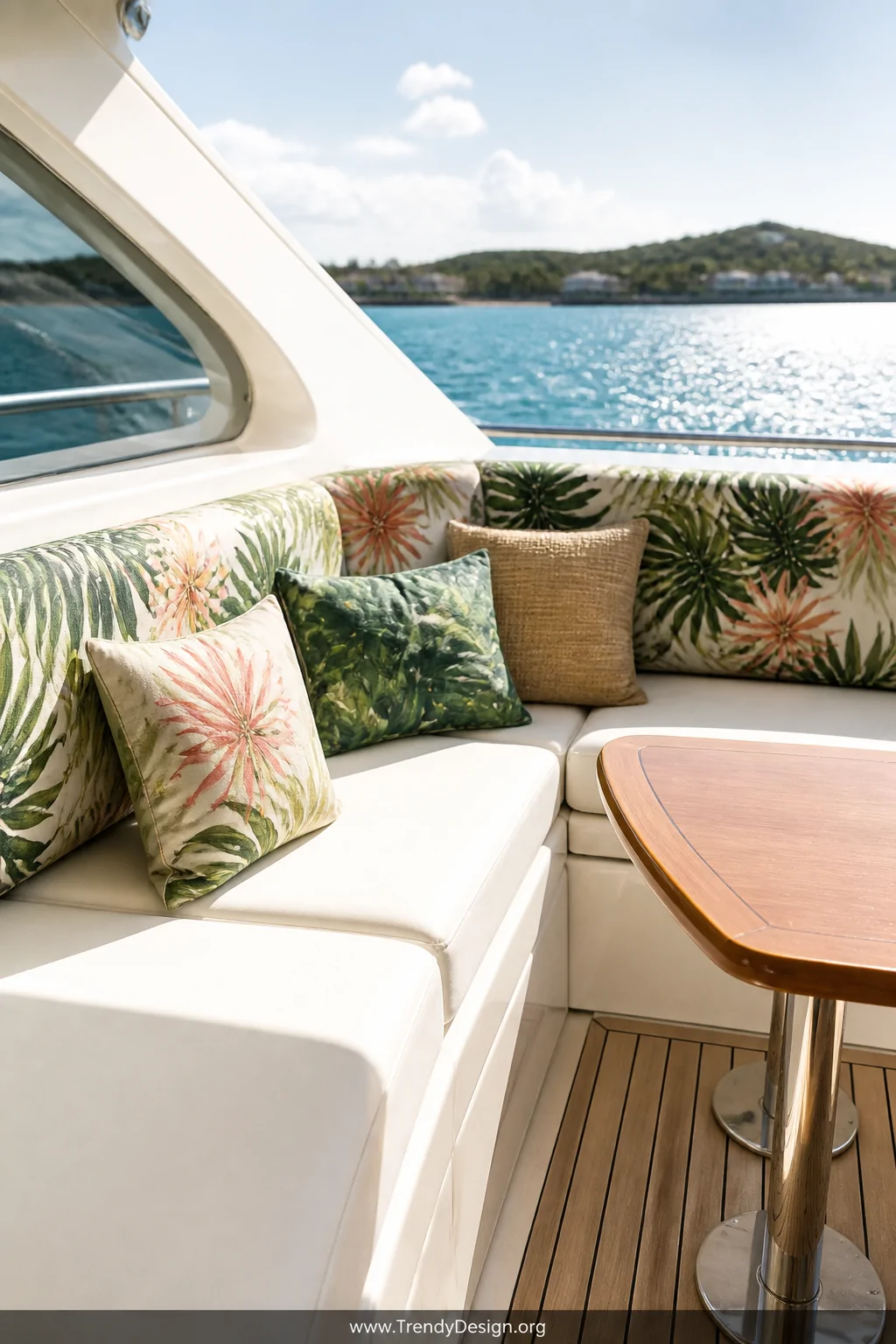 Medium shot of a boat seating area with neutral white base cushions accented by vibrant tropical palm leaf patterned throw cu