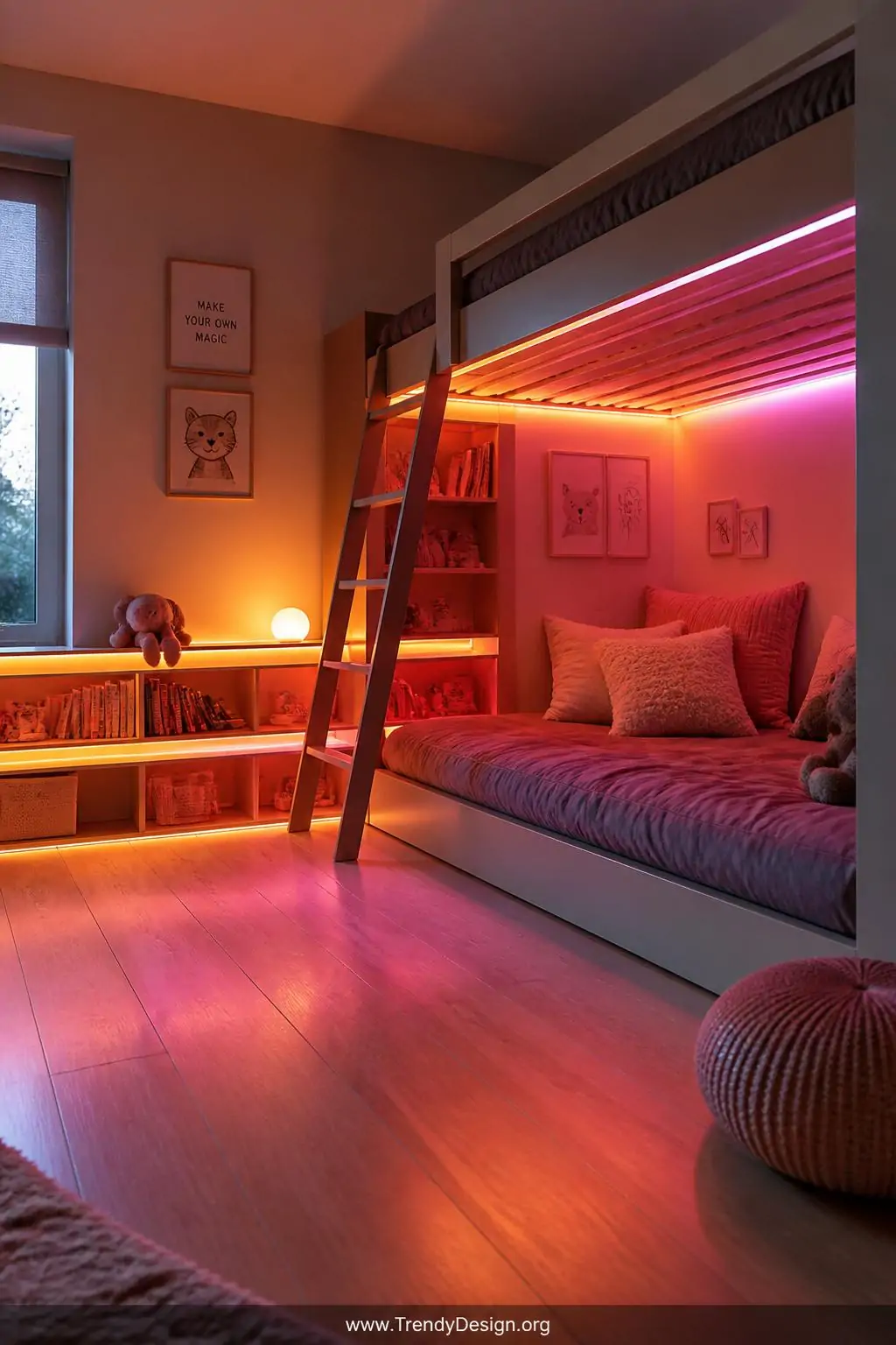 Wide photorealistic interior shot of a modern kids loft bed with vibrant color-changing LED strip lights installed beneath th