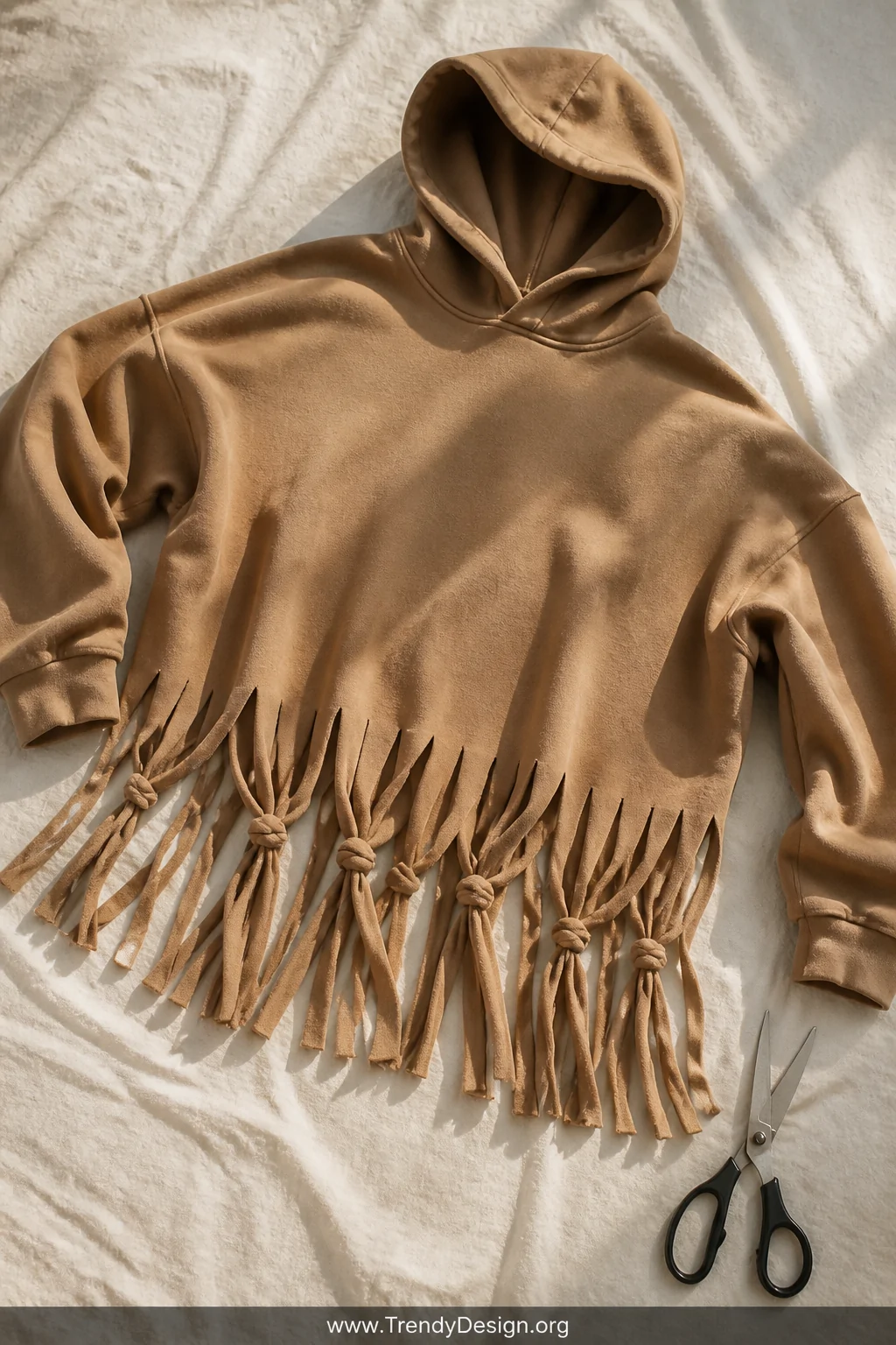 A medium overhead shot of an oversized tan hoodie spread on a bleached white linen surface, vertical fringe strips cut along 
