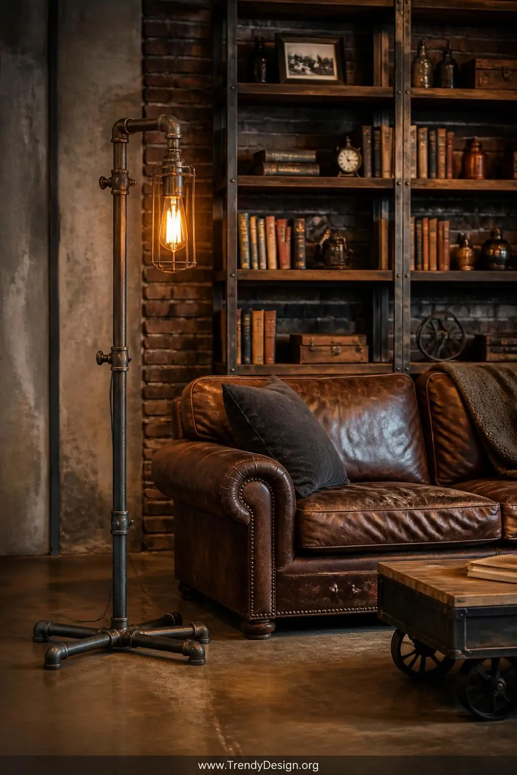 A rugged industrial pipe floor lamp with aged iron fittings and a warm glowing Edison bulb stands beside a deep brown leather