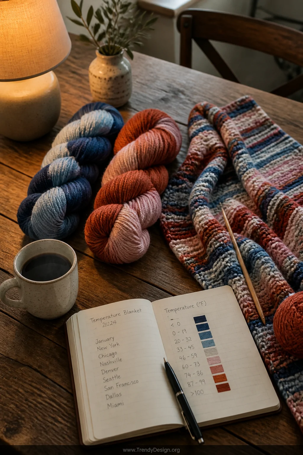 A styled flat lay on a reclaimed wood dining table showing two intertwining skeins of yarn in contrasting color families   on